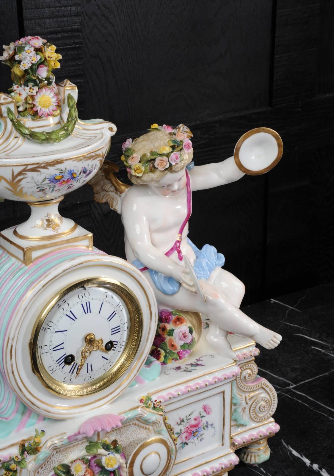19th Century Large Antique French Meissen Style Porcelain Clock Music, circa 1880