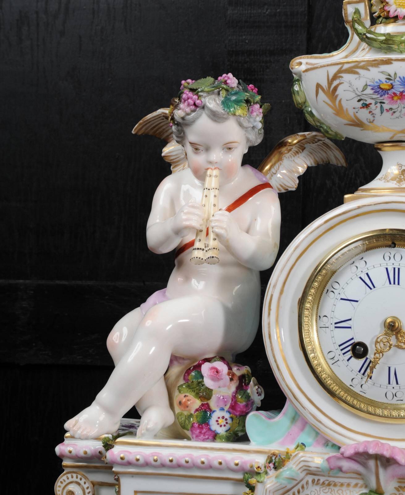 Large Antique French Meissen Style Porcelain Clock Music, circa 1880 1