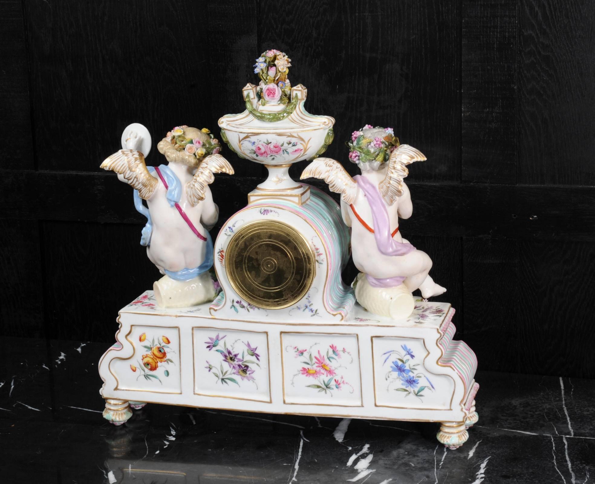 Large Antique French Meissen Style Porcelain Clock Music, circa 1880 2