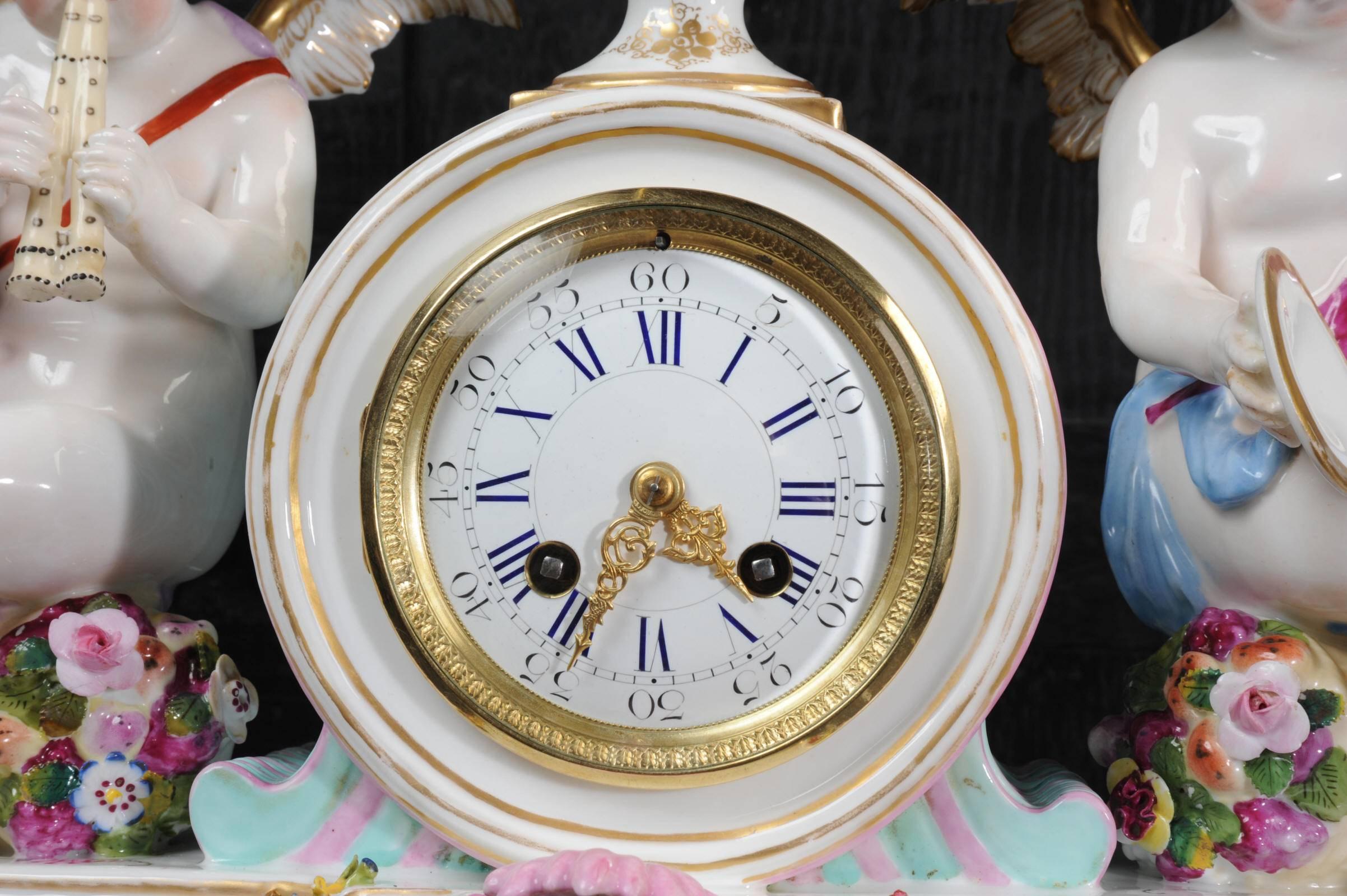 Large Antique French Meissen Style Porcelain Clock Music, circa 1880 4
