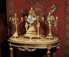 Large and Stunning Classical Gilt Bronze Clock Set Cherub