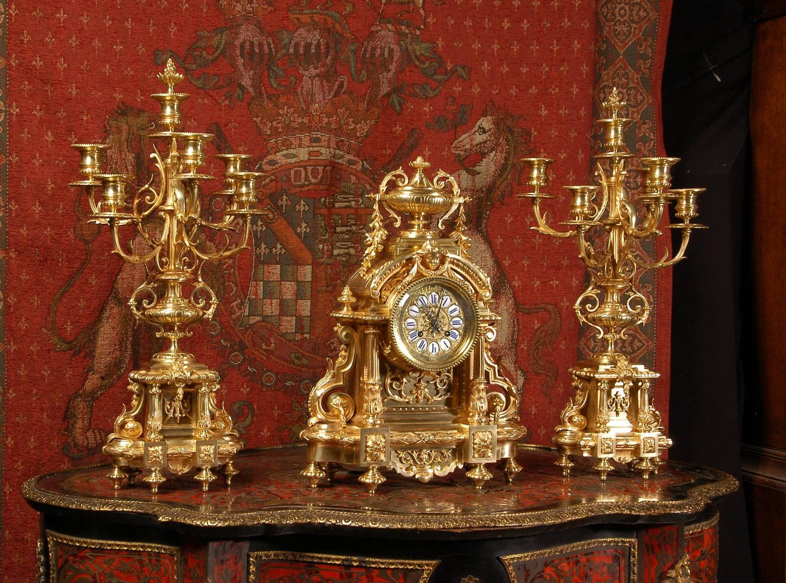 Louis XVI Superb Japy Freres Large Antique French Bronze Clock Set