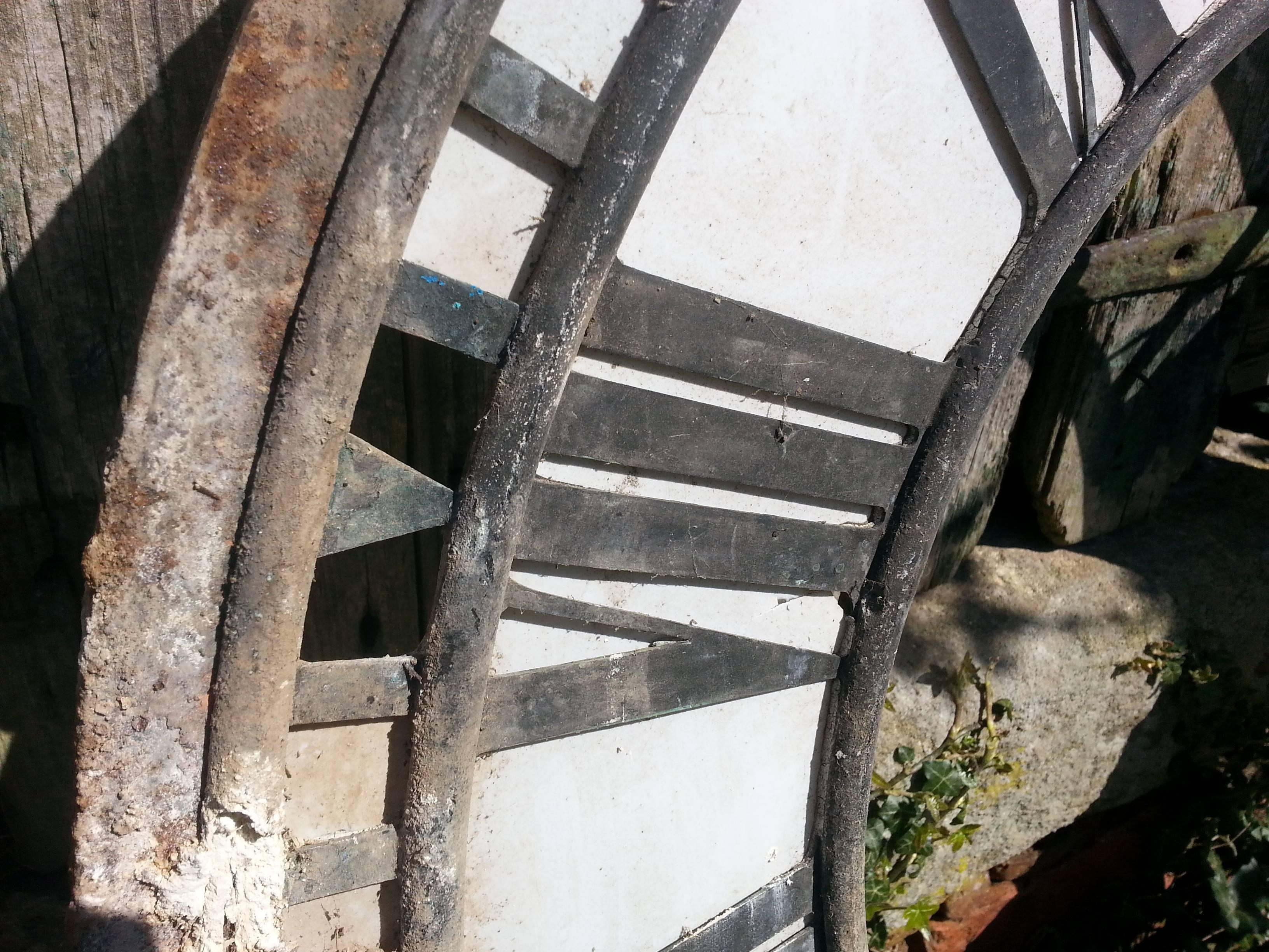 Large Copper and Iron Turret Clock Dial Face with Original Copper Hands In Distressed Condition In Belper, Derbyshire