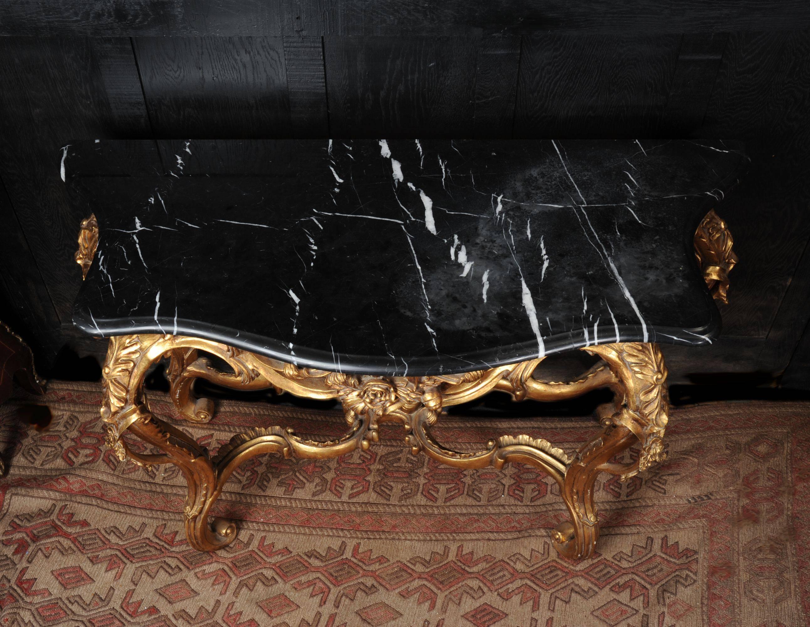 European Rococo Giltwood Console Table with Black Marble Top