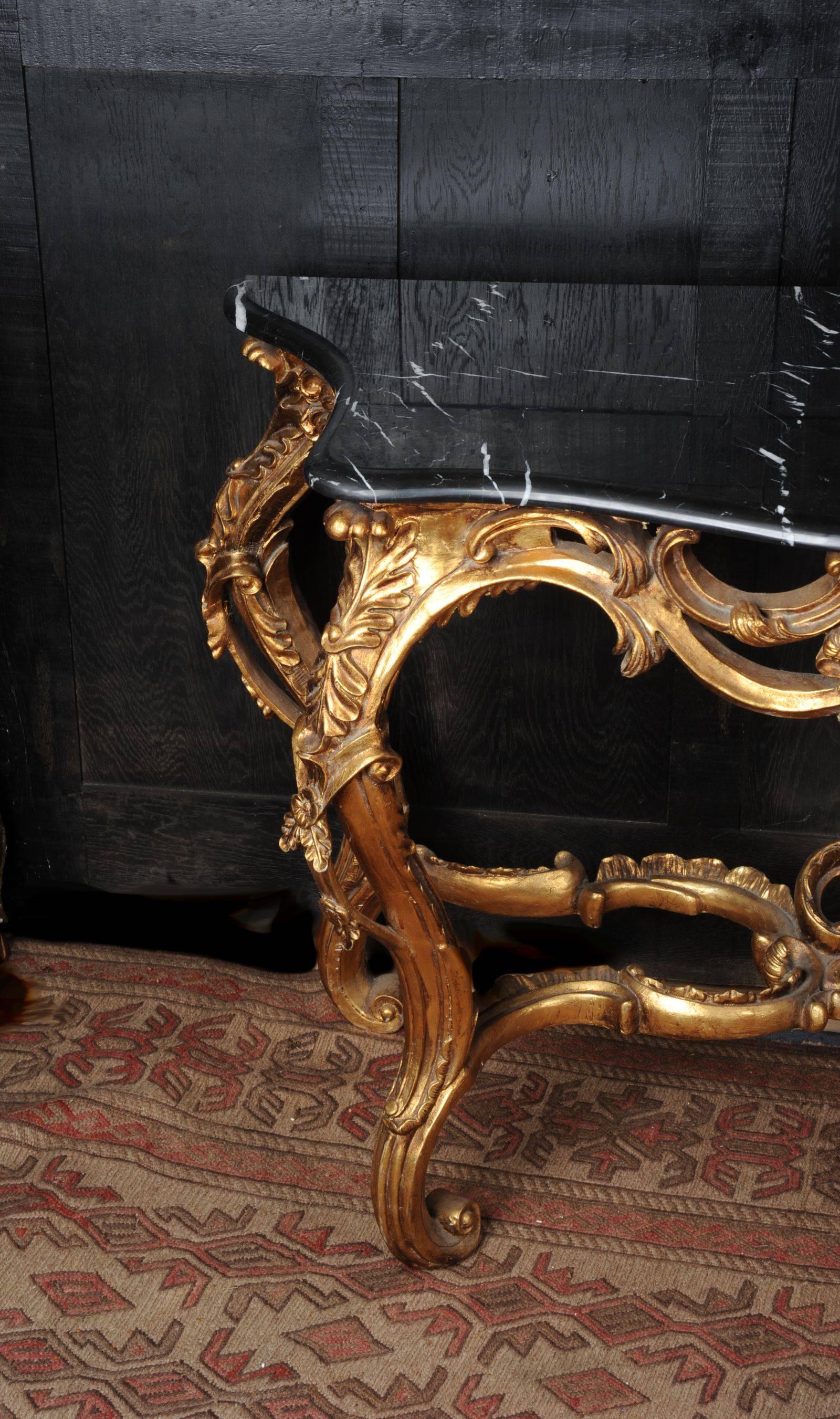 20th Century Rococo Giltwood Console Table with Black Marble Top