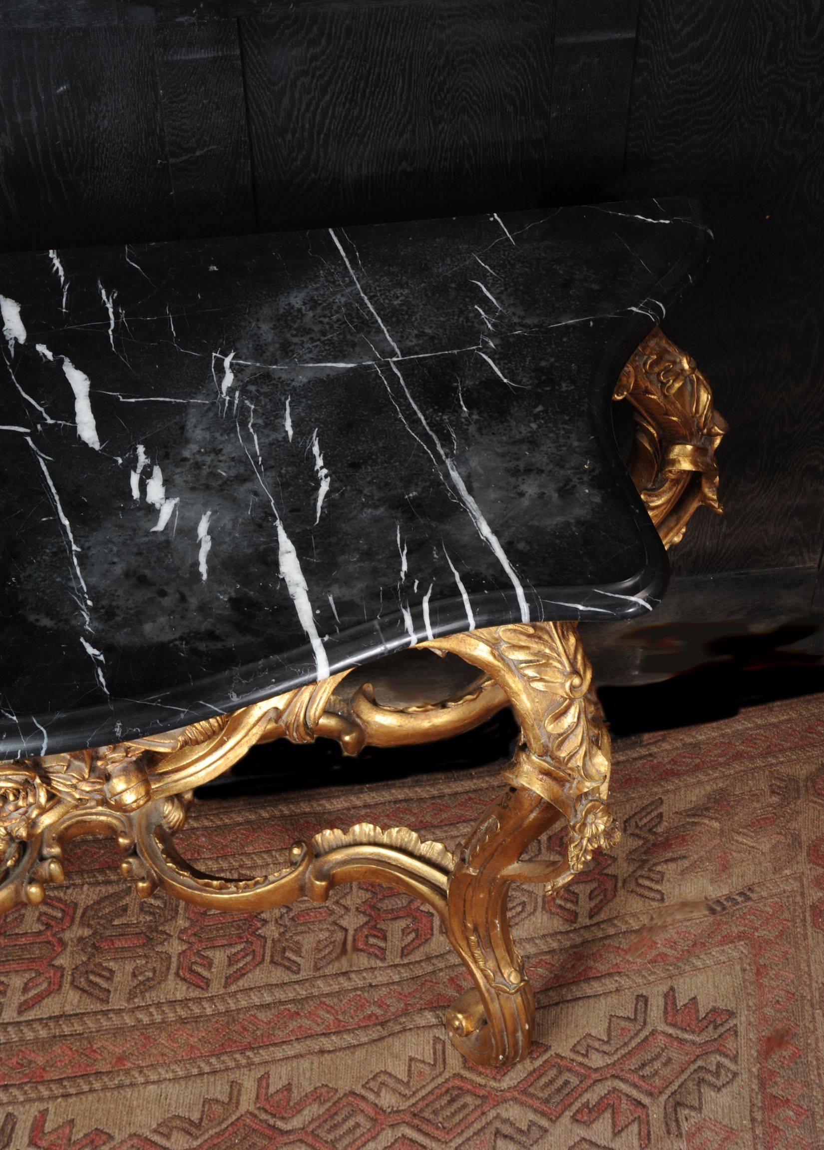 Rococo Giltwood Console Table with Black Marble Top 1