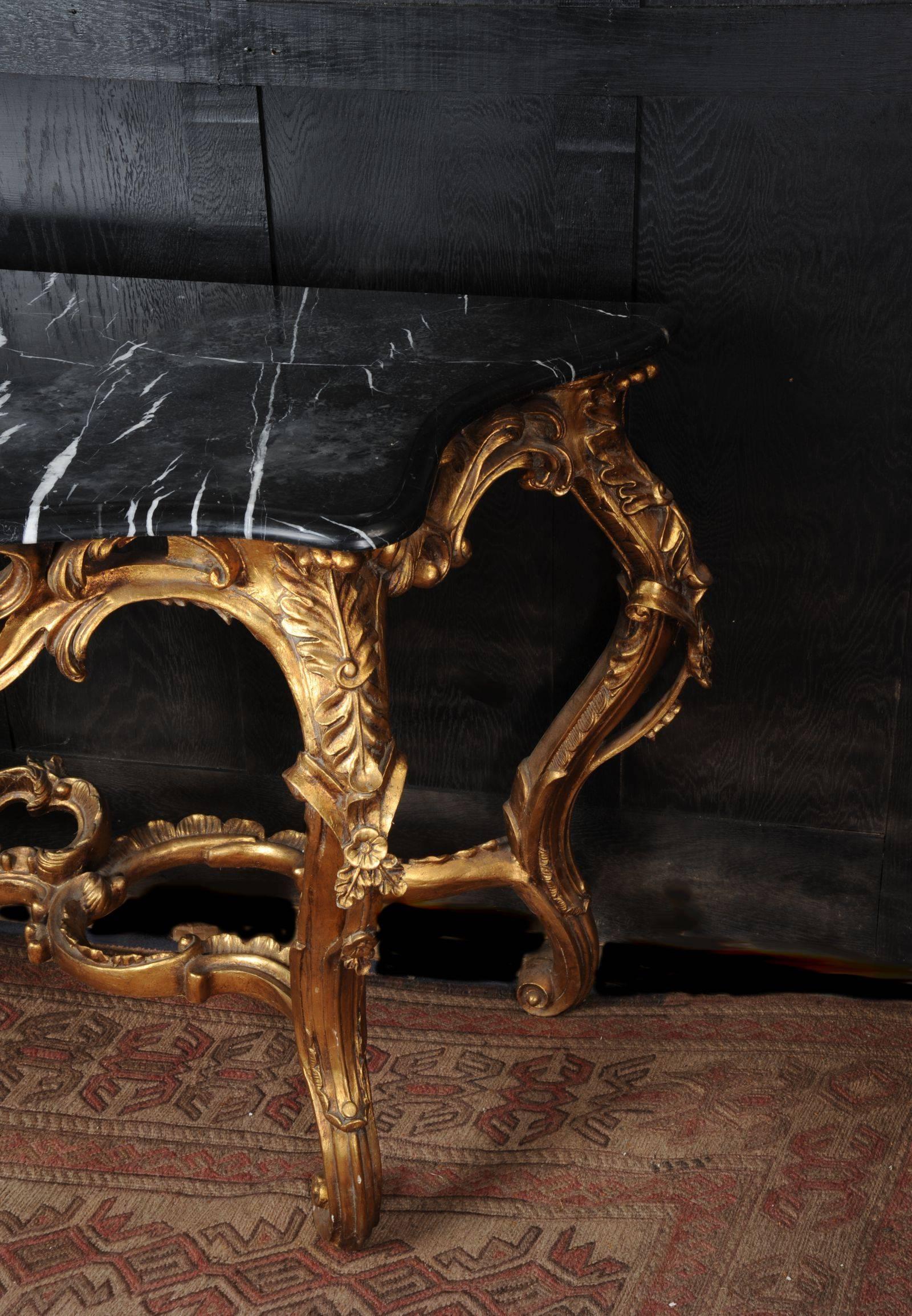 Rococo Giltwood Console Table with Black Marble Top 2