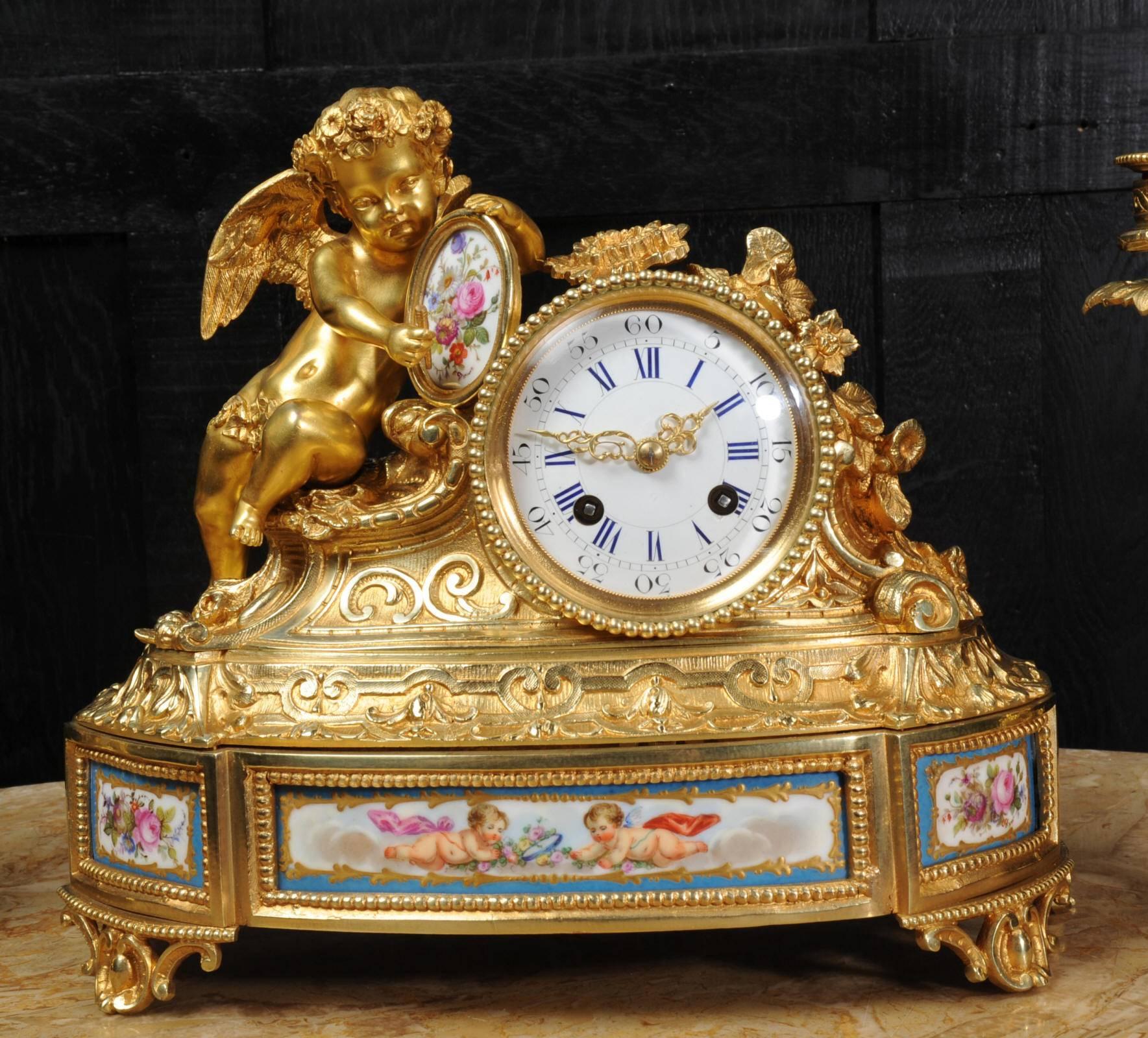 Louis XV Japy Frères Early Ormolu and Sèvres Porcelain Clock Set