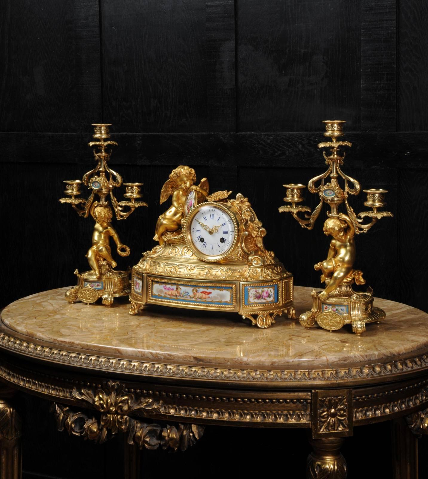 French Japy Frères Early Ormolu and Sèvres Porcelain Clock Set