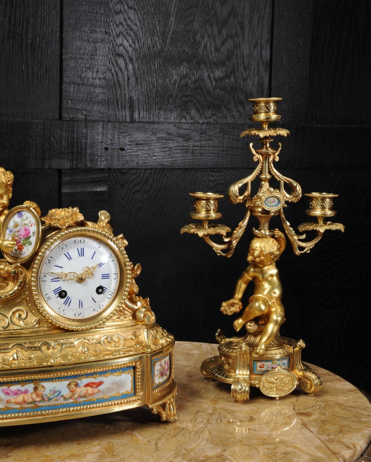 Japy Frères Early Ormolu and Sèvres Porcelain Clock Set In Good Condition In Belper, Derbyshire