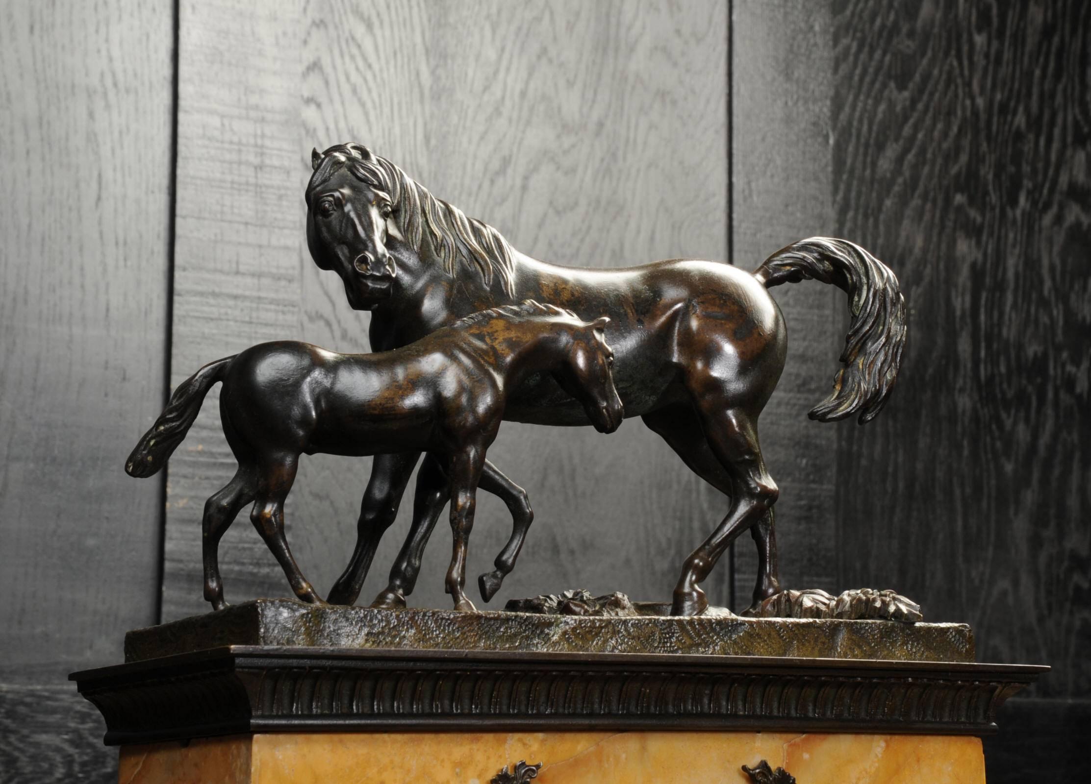 Restauration Fine and Early Bronze and Sienna Marble Horses, Mare Tending Her Foal circa 1820 For Sale