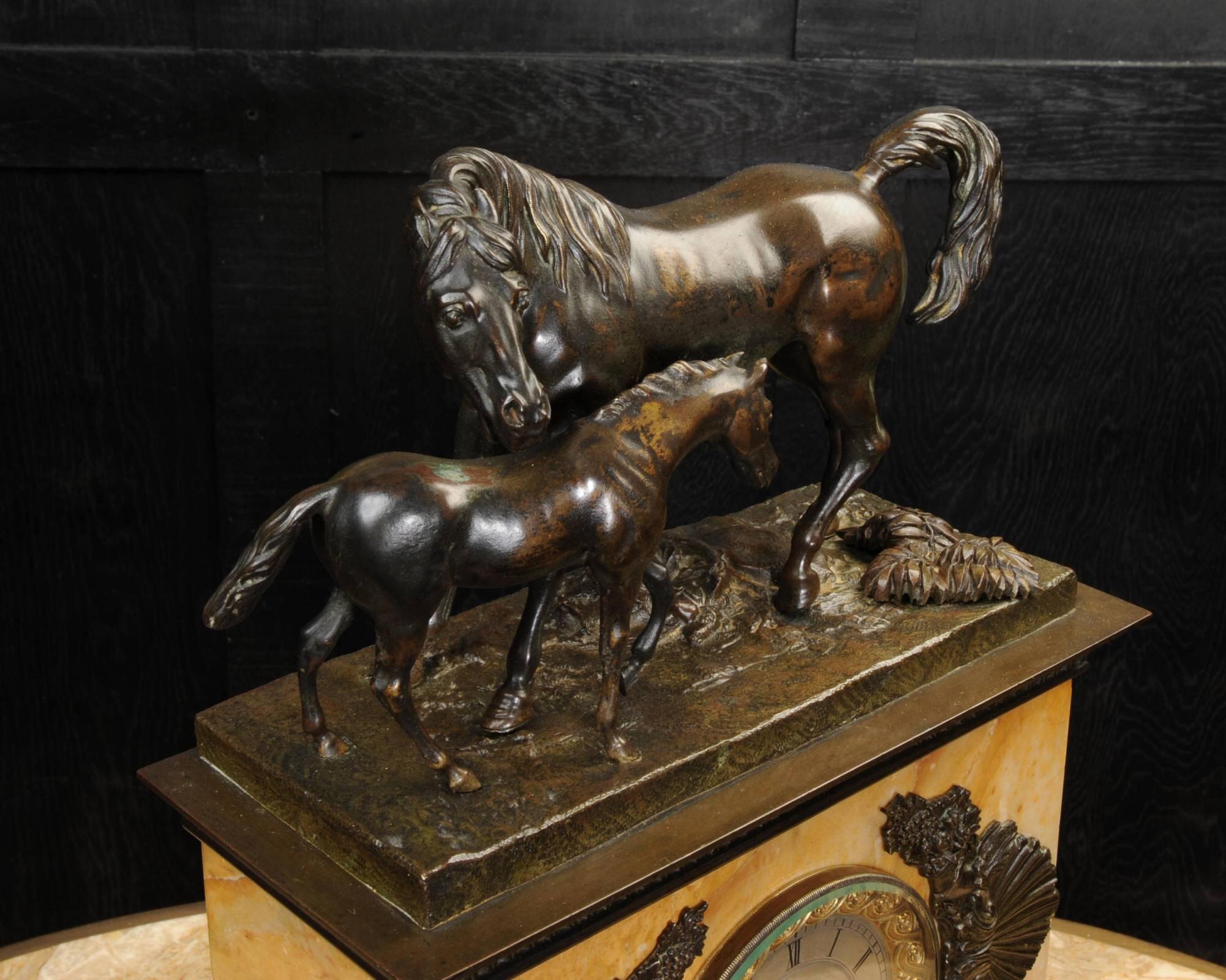 French Fine and Early Bronze and Sienna Marble Horses, Mare Tending Her Foal circa 1820 For Sale