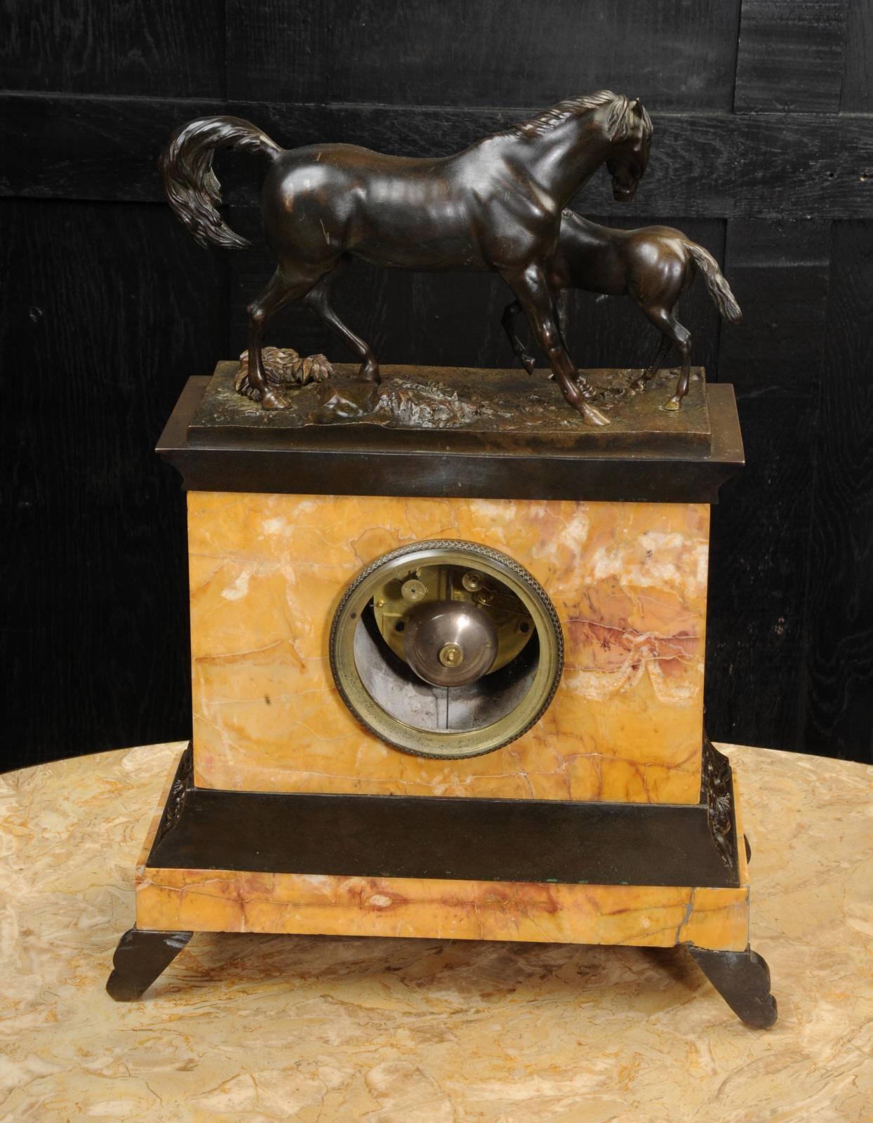 Patinated Fine and Early Bronze and Sienna Marble Horses, Mare Tending Her Foal circa 1820 For Sale