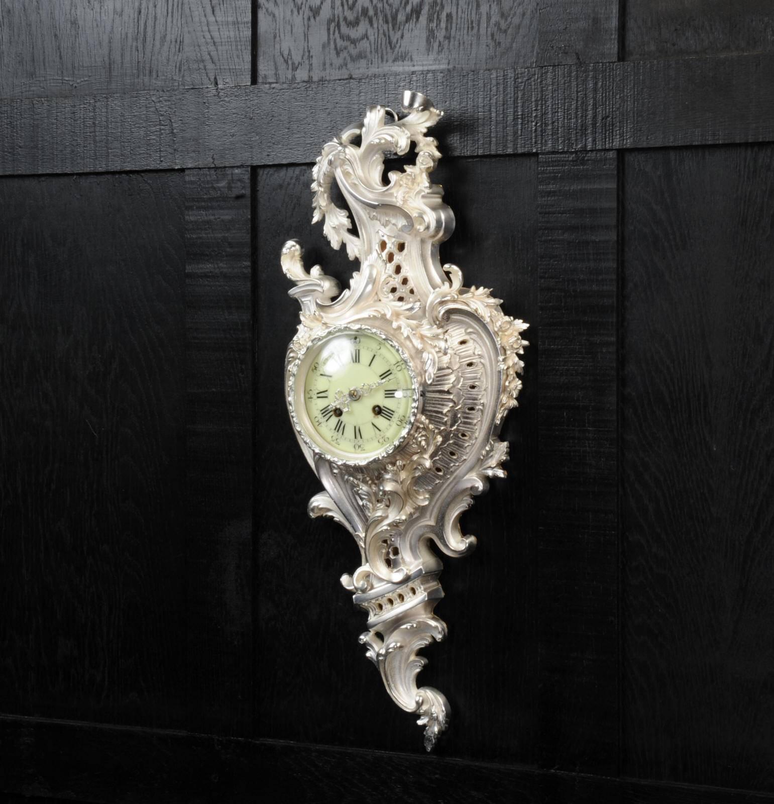 Silvered Silver Rococo Antique French Cartel Wall Clock by Samuel Marti