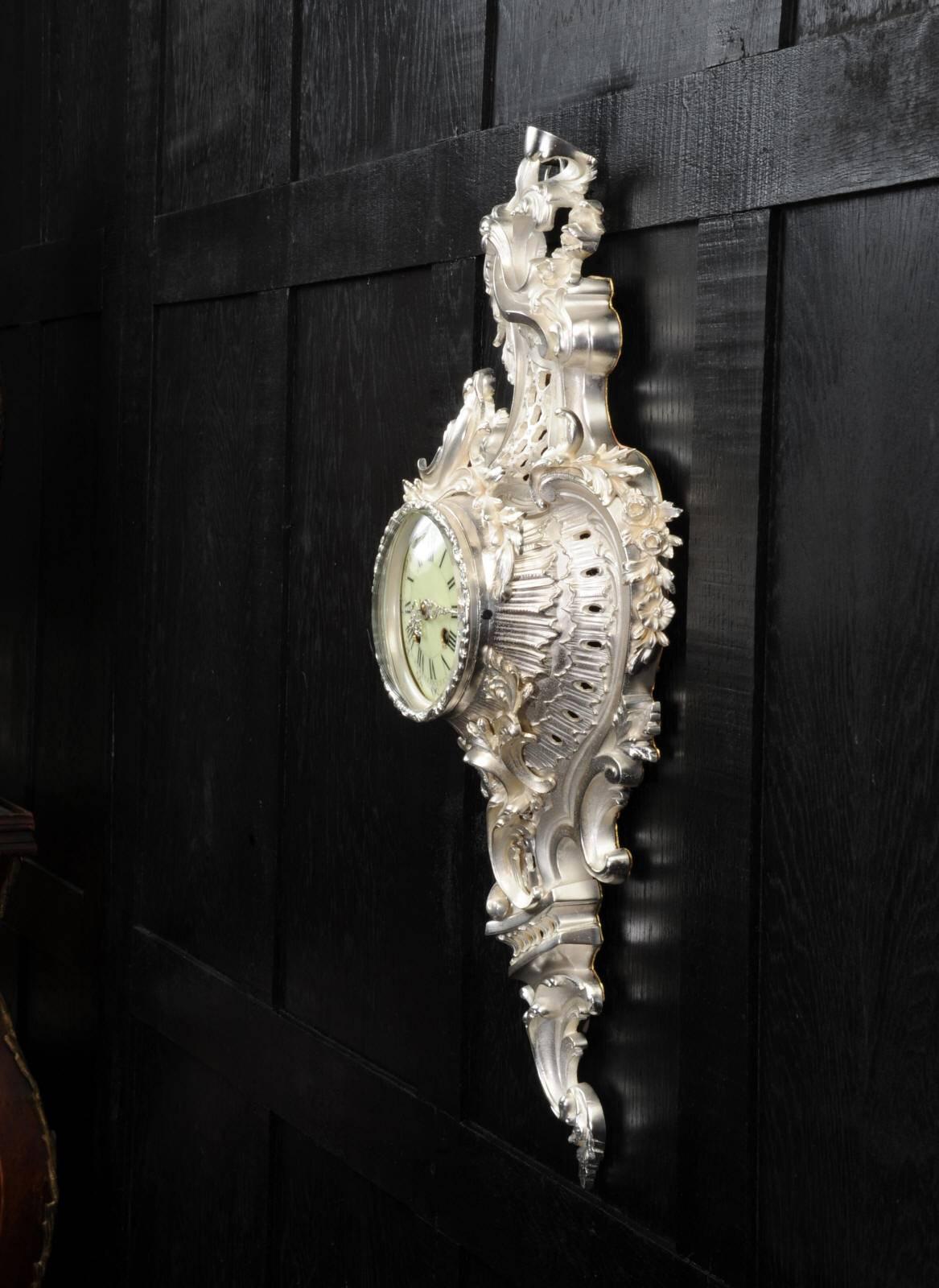 19th Century Silver Rococo Antique French Cartel Wall Clock by Samuel Marti
