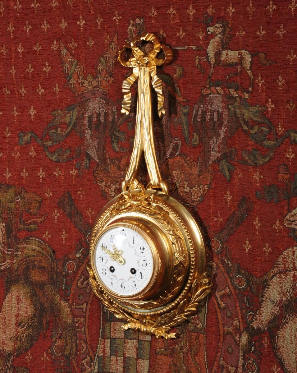 Antique French Louis XVI Ormolu Cartel Wall Clock In Excellent Condition In Belper, Derbyshire
