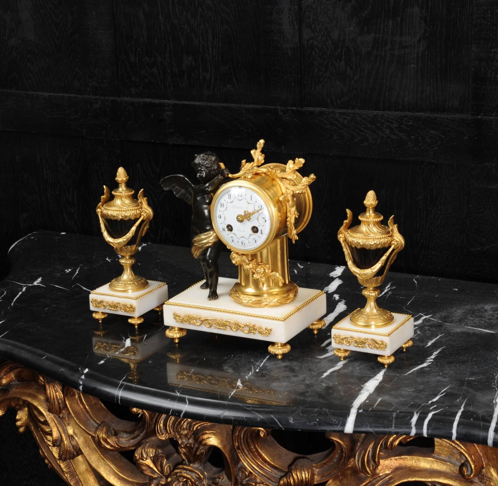 Louis XVI Antique French Bronze, Ormolu and Marble Boudoir Clock Set, circa 1880