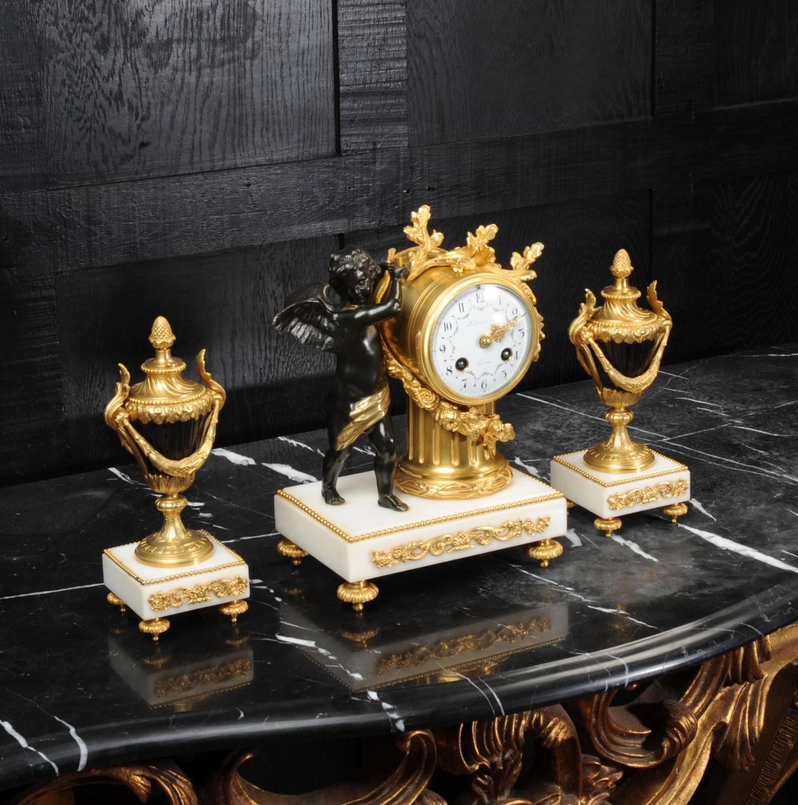 Antique French Bronze, Ormolu and Marble Boudoir Clock Set, circa 1880 In Excellent Condition In Belper, Derbyshire