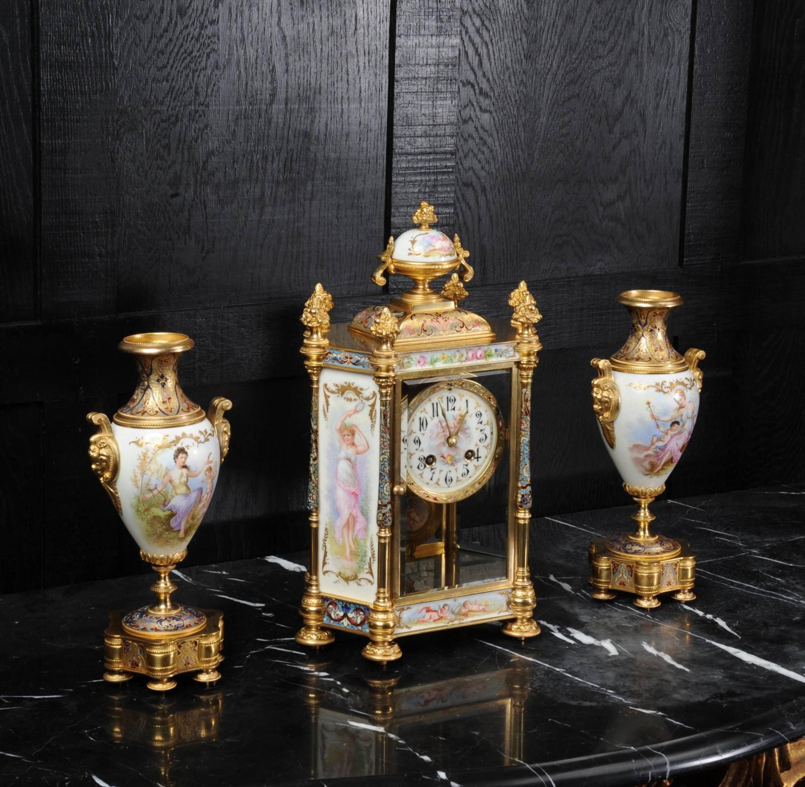 Louis XV Sèvres Porcelain and Champlevé Enamel Clock Set