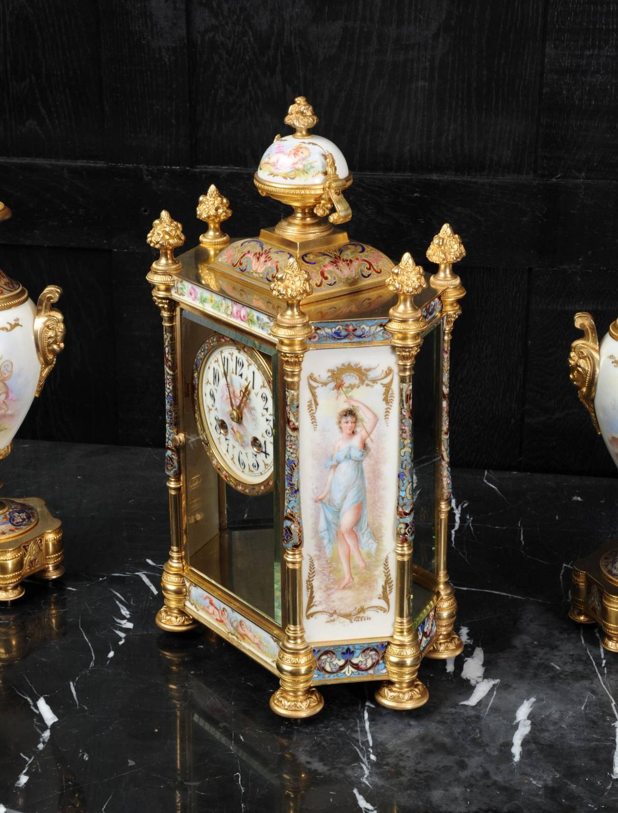 French Sèvres Porcelain and Champlevé Enamel Clock Set