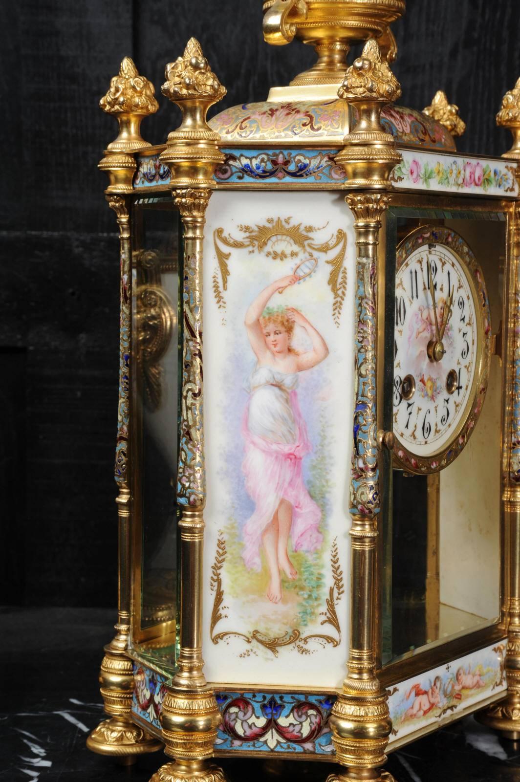 Sèvres Porcelain and Champlevé Enamel Clock Set In Excellent Condition In Belper, Derbyshire
