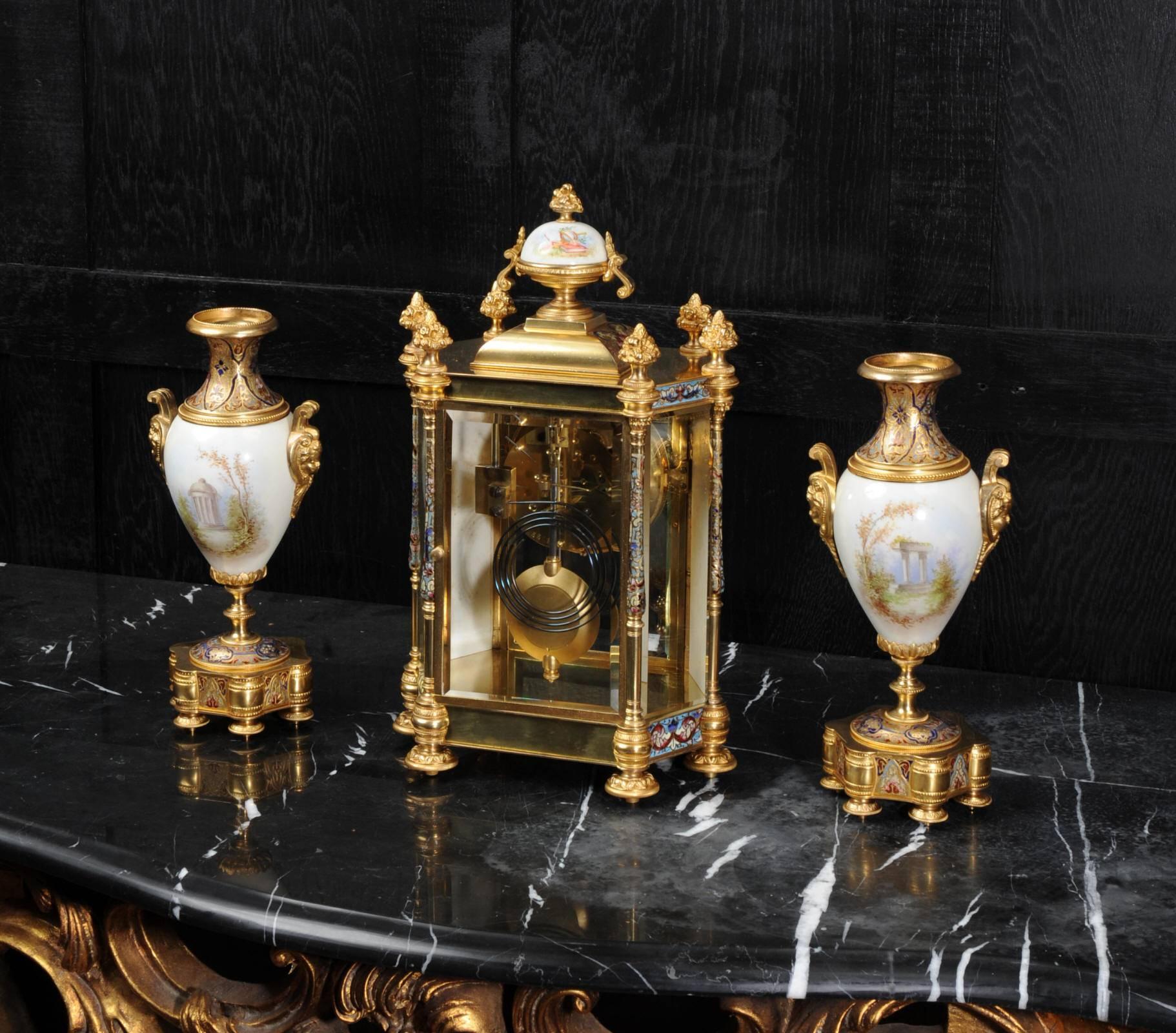 Sèvres Porcelain and Champlevé Enamel Clock Set 1