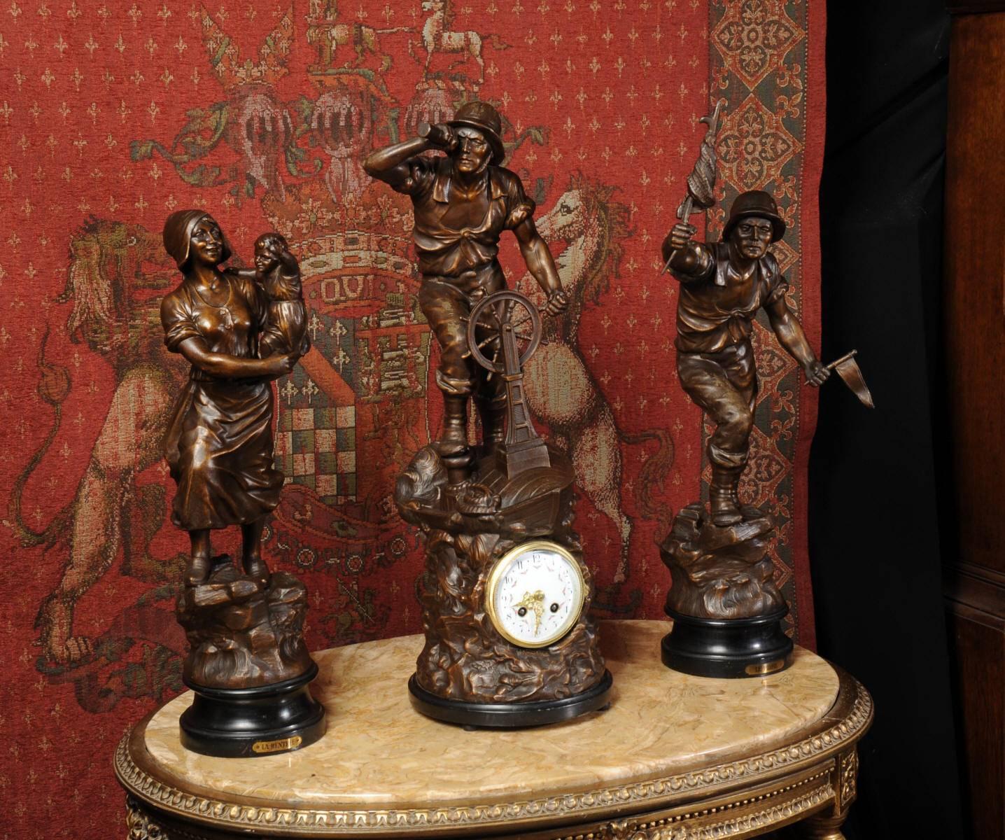 Art Nouveau Antique French Figural Clock Set after Xavier Raphanel