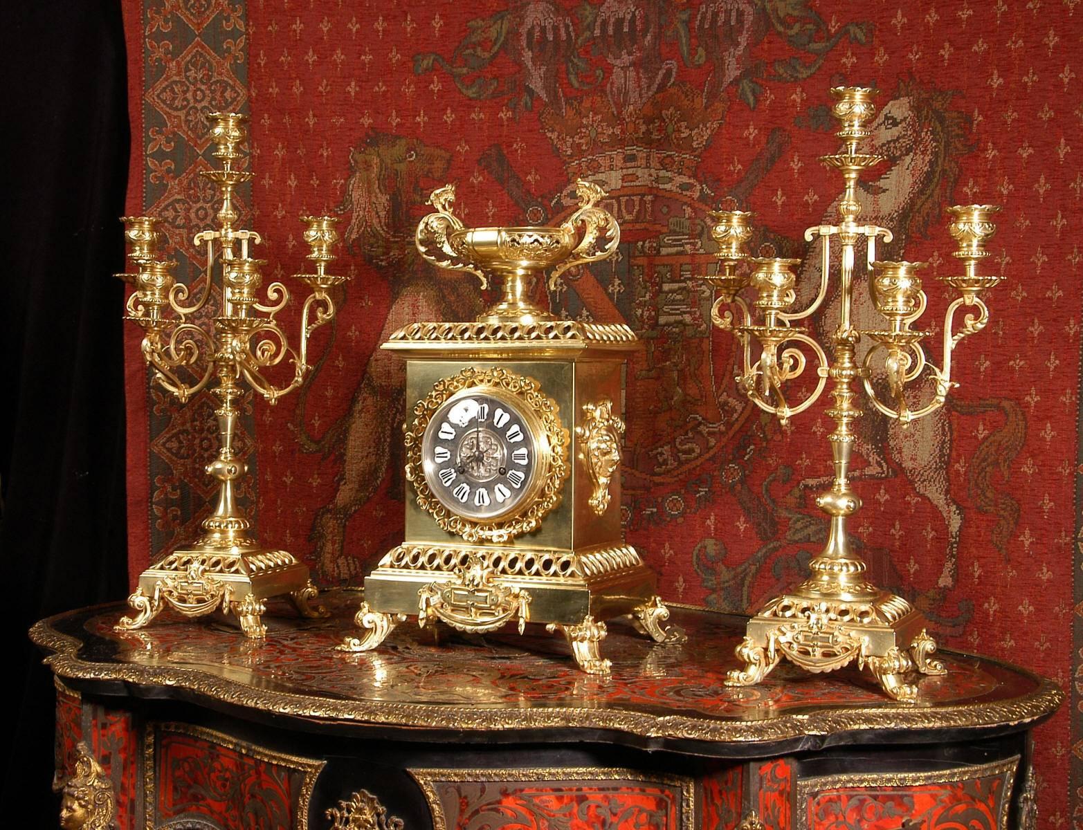 Neoclassical Compagnie Des Bronzes Large and Stunning Classical Gilt Bronze Clock Set
