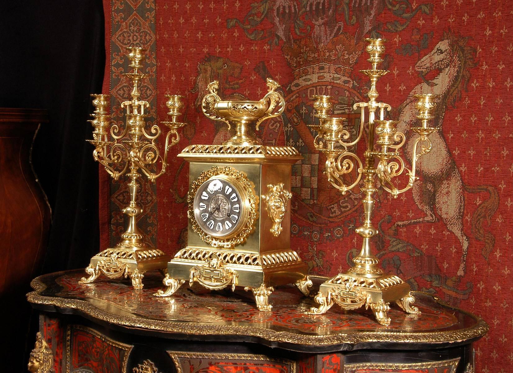 Belgian Compagnie Des Bronzes Large and Stunning Classical Gilt Bronze Clock Set