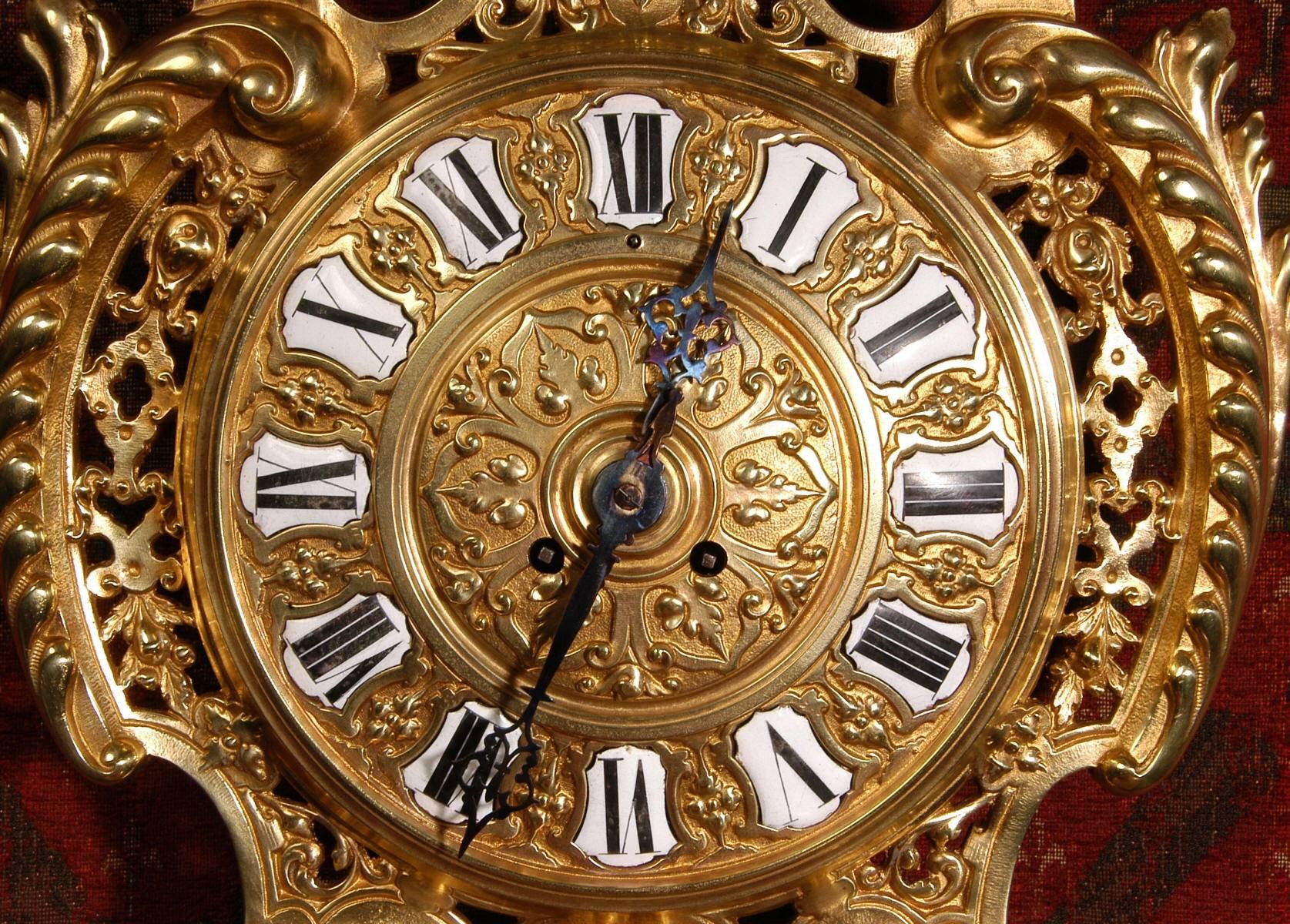 Baroque Antique French Gilt Bronze Cartel Wall Clock For Sale