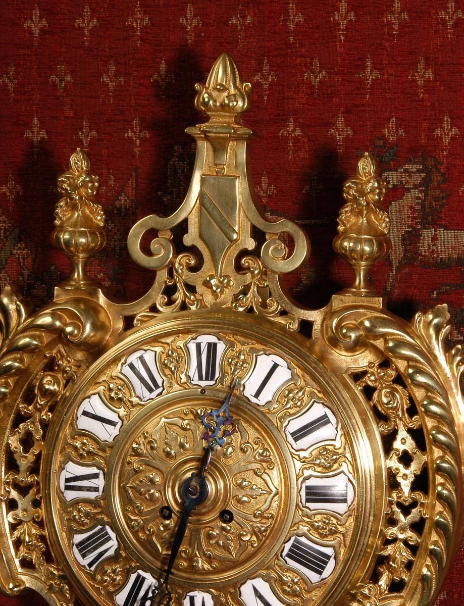 19th Century Antique French Gilt Bronze Cartel Wall Clock For Sale