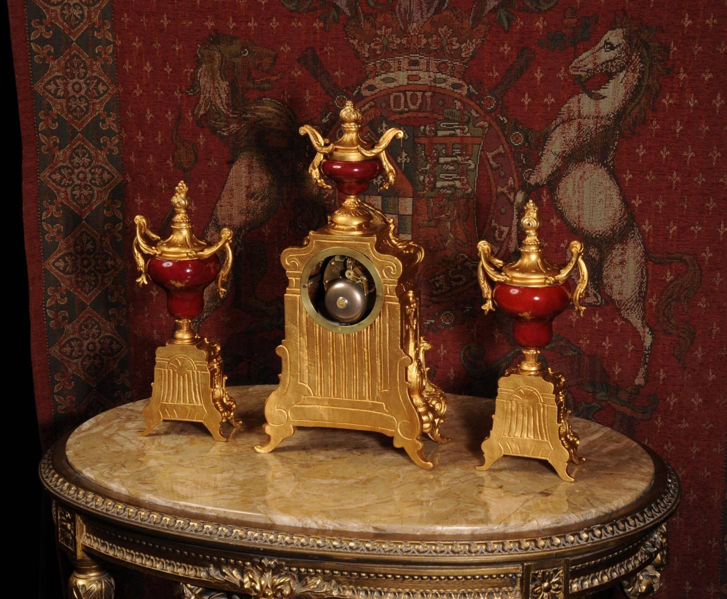 Spelter Sèvres Porcelain and Gilt Metal Clock Set