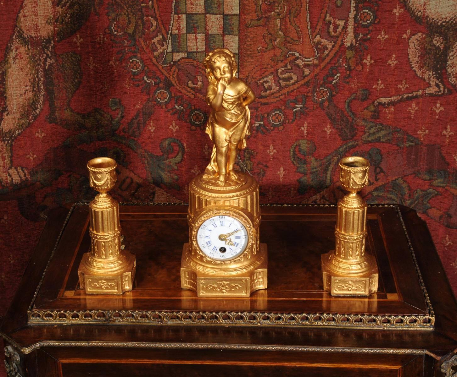 Miniature Antique French Boudoir Clock Set In Good Condition In Belper, Derbyshire