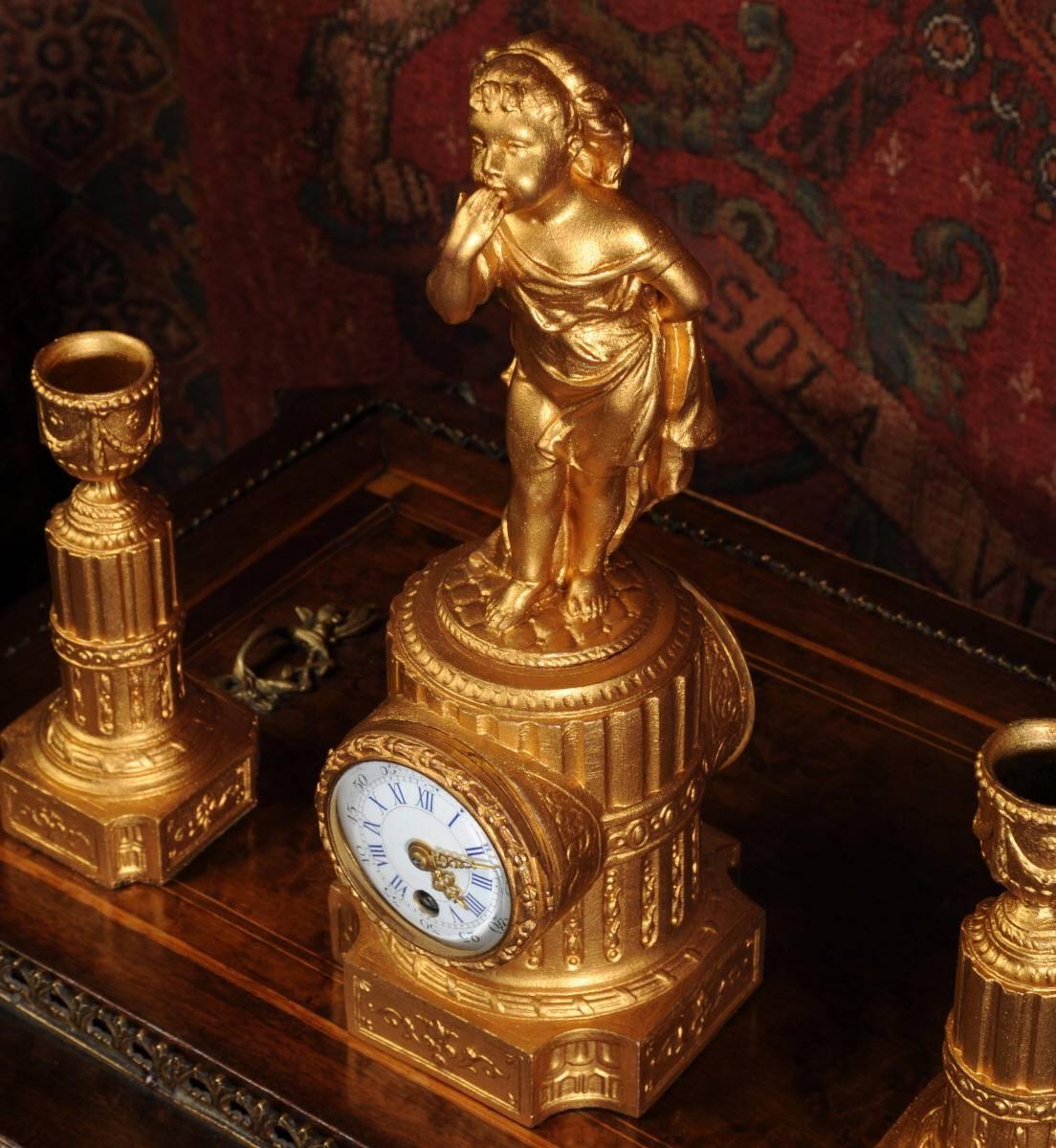 Gilt Miniature Antique French Boudoir Clock Set