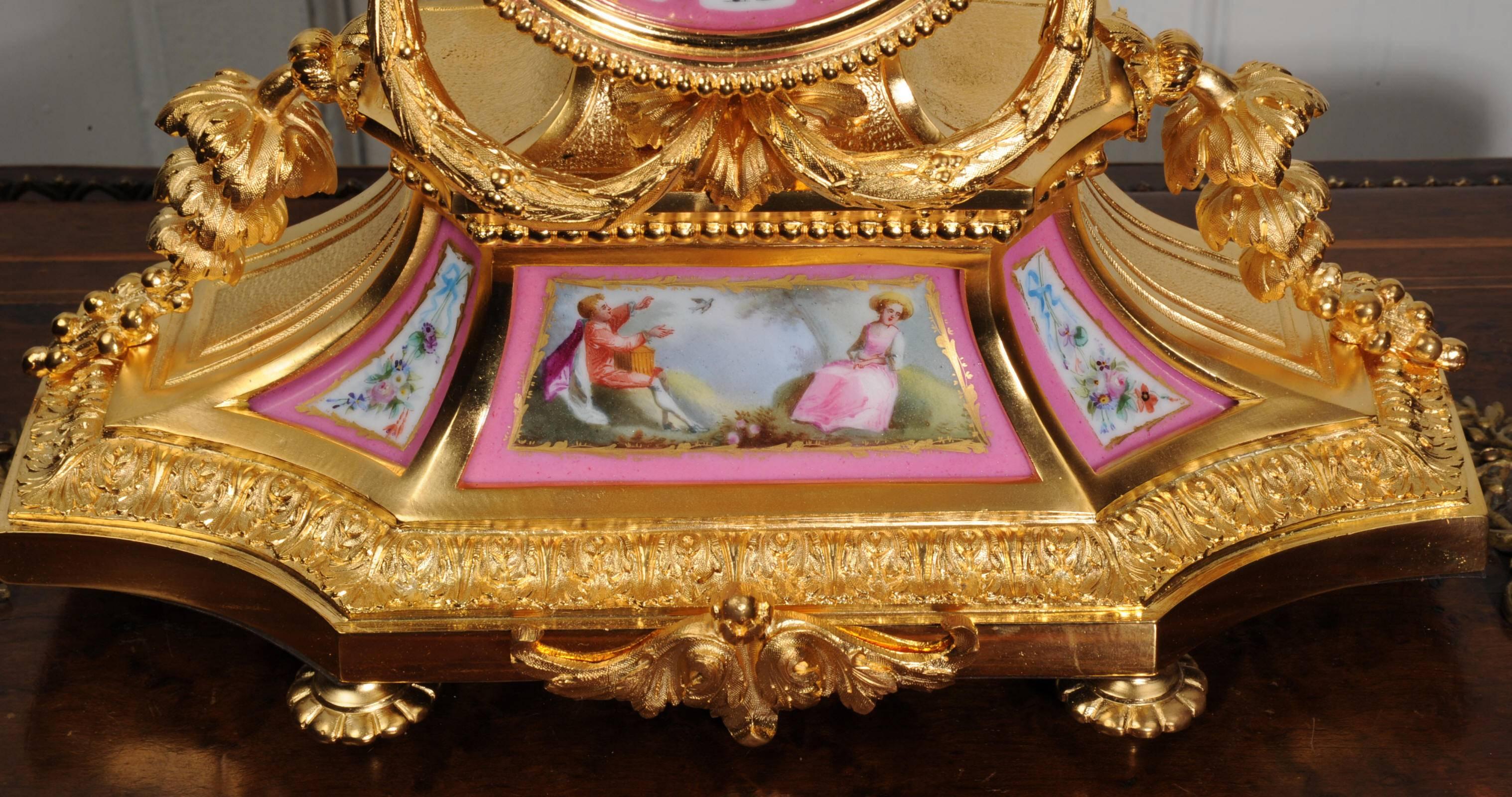 French Japy Freres Ormolu and Sevres Porcelain Boudoir Clock