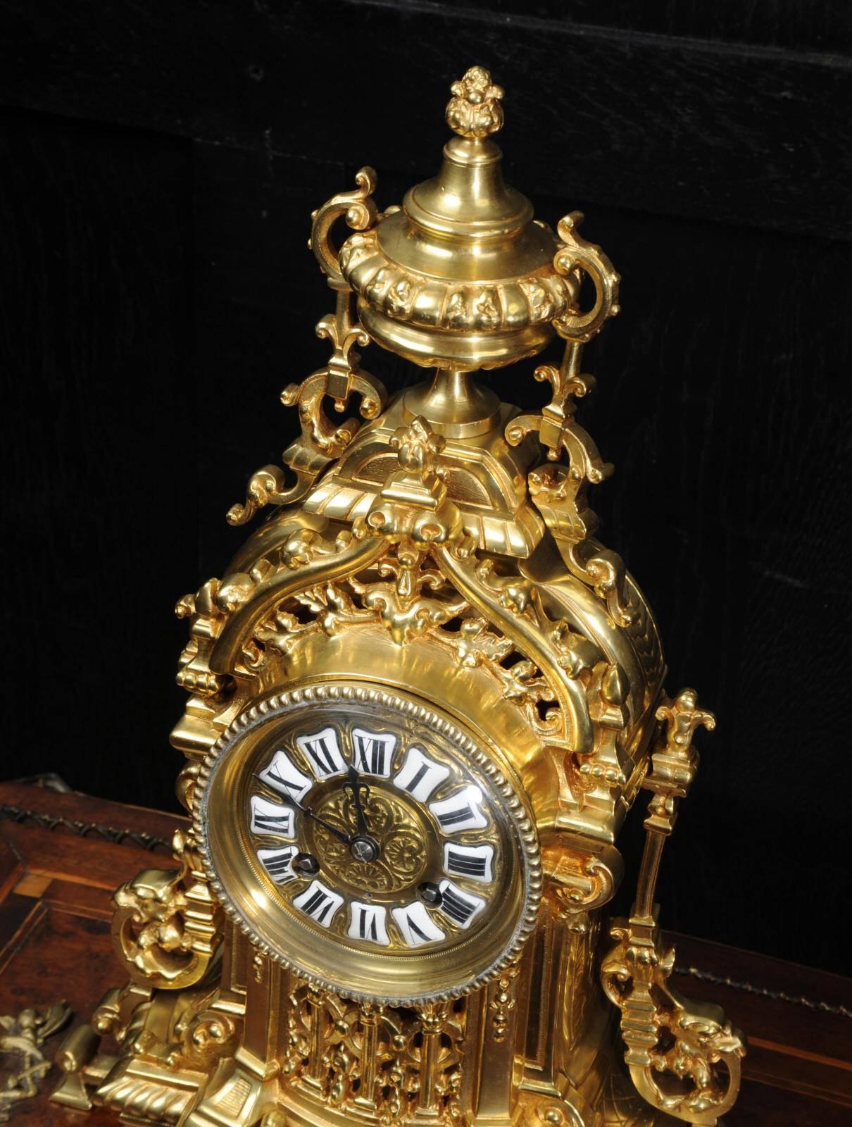 19th Century Antique French Gilt Bronze Boudoir Clock by A. D. Mougin