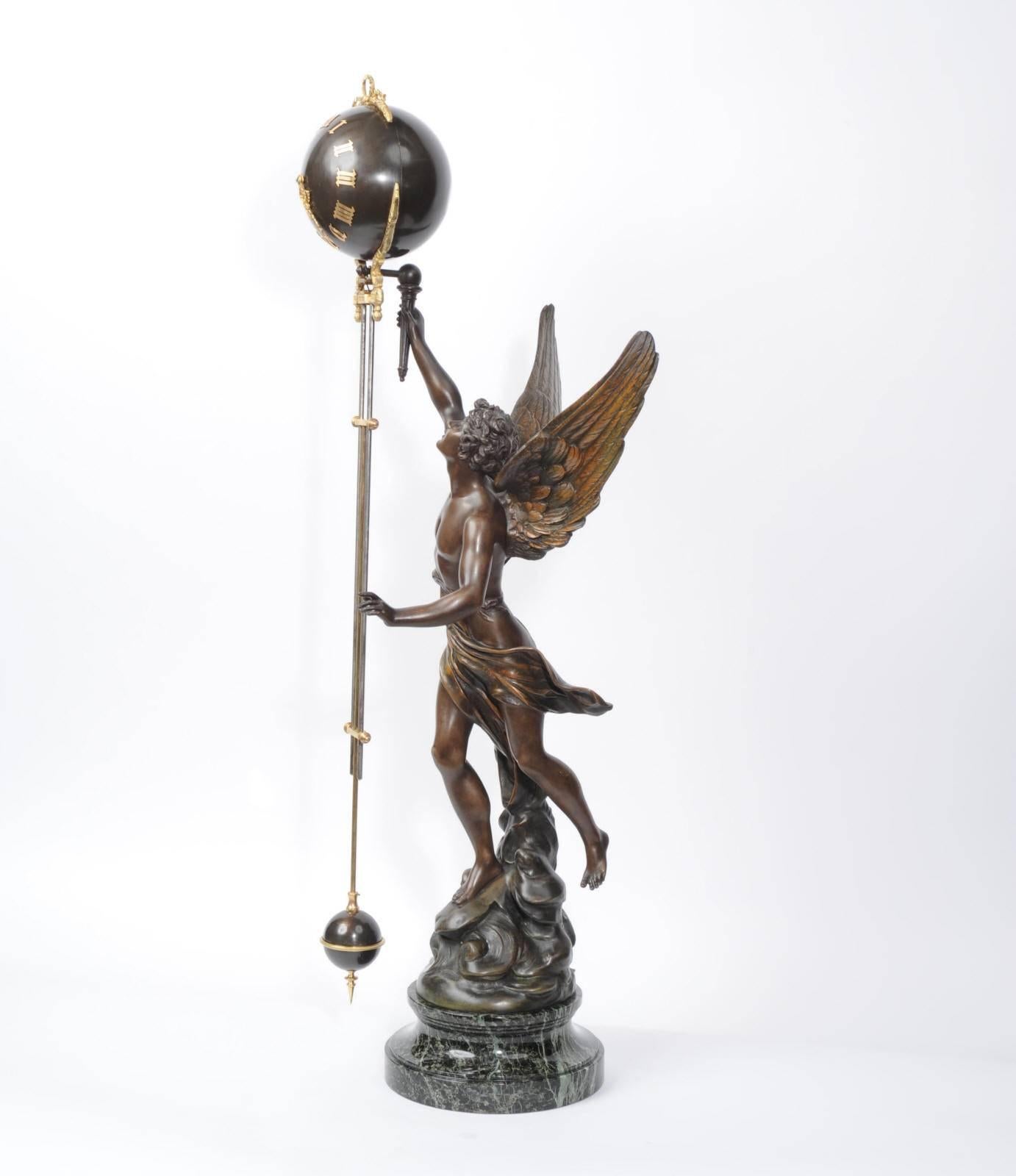 19th Century Large Swinging Mystery Clock La Victoire by Émile Bruchon French, circa 1890