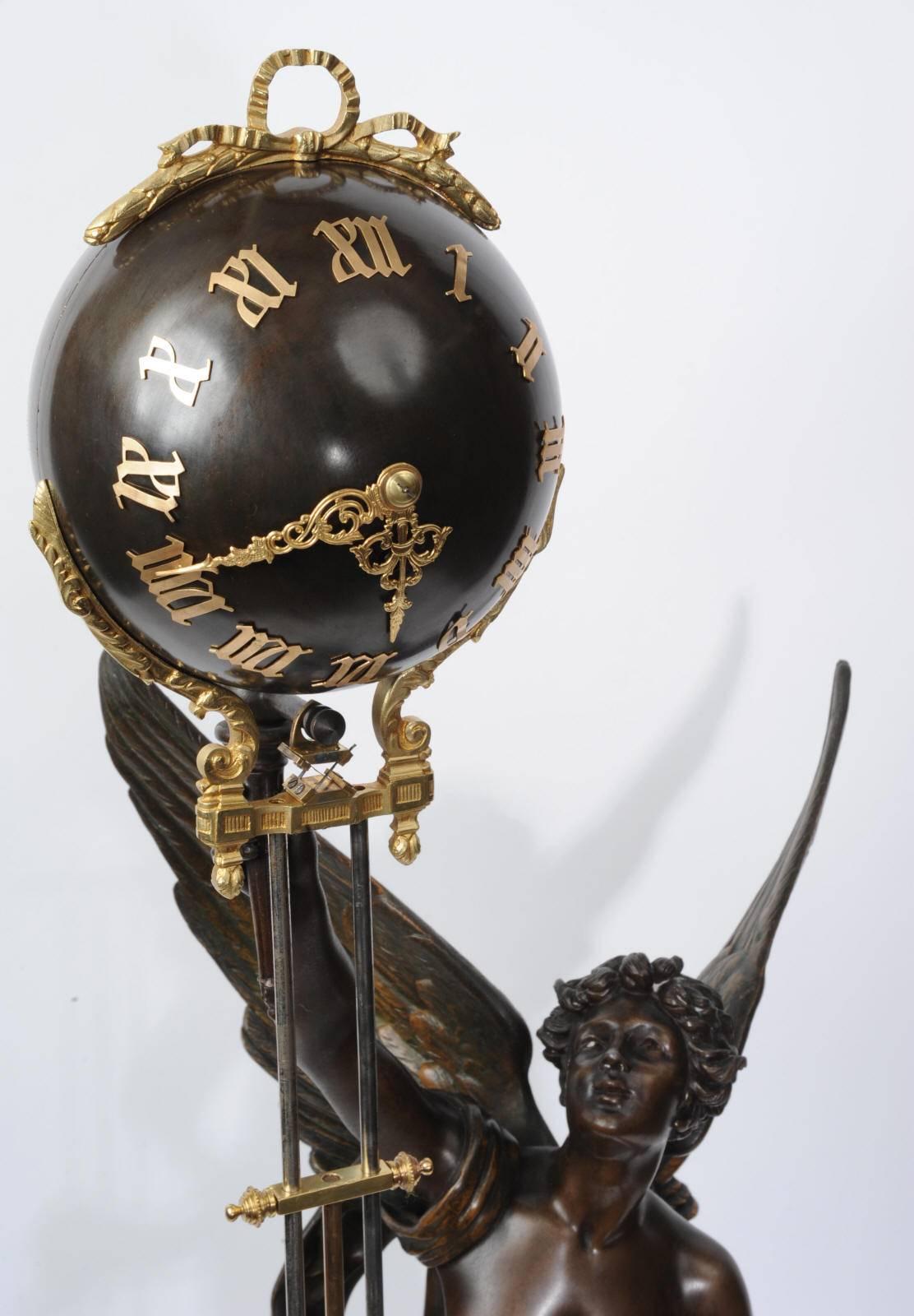 Spelter Large Swinging Mystery Clock La Victoire by Émile Bruchon French, circa 1890