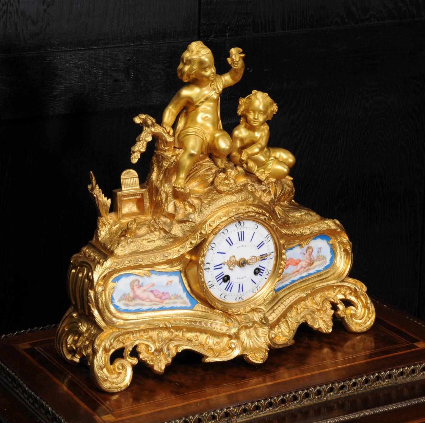 Rococo Fine Early Ormolu and Sevres Porcelain Boudoir Clock, Japy Freres