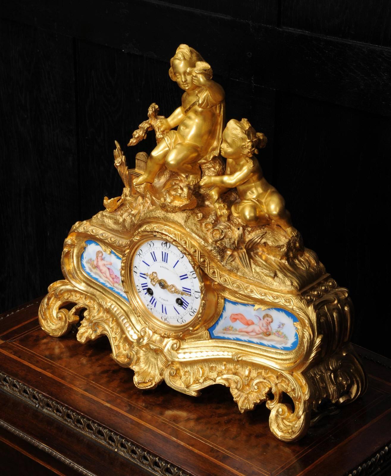 French Fine Early Ormolu and Sevres Porcelain Boudoir Clock, Japy Freres