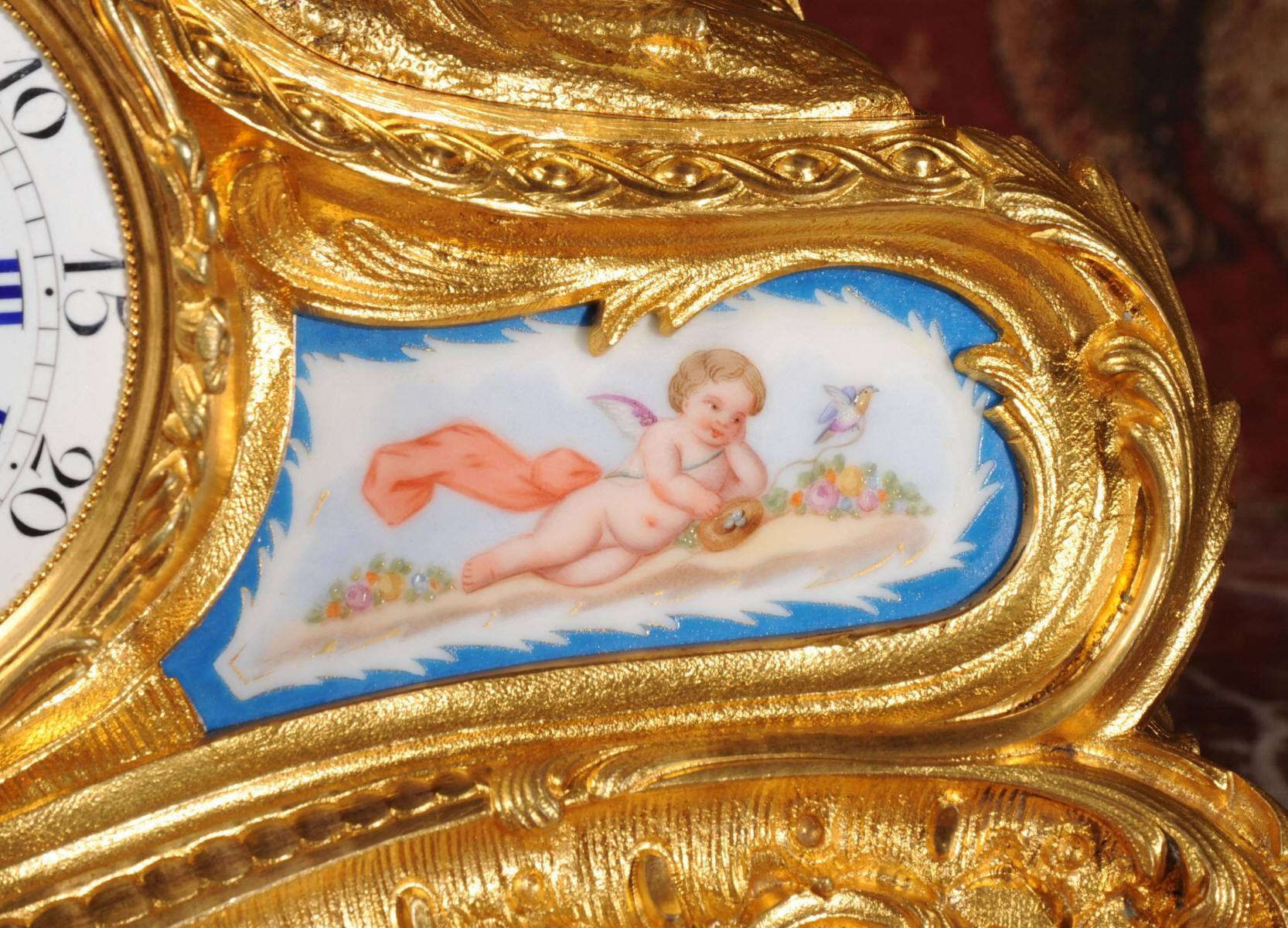 19th Century Fine Early Ormolu and Sevres Porcelain Boudoir Clock, Japy Freres