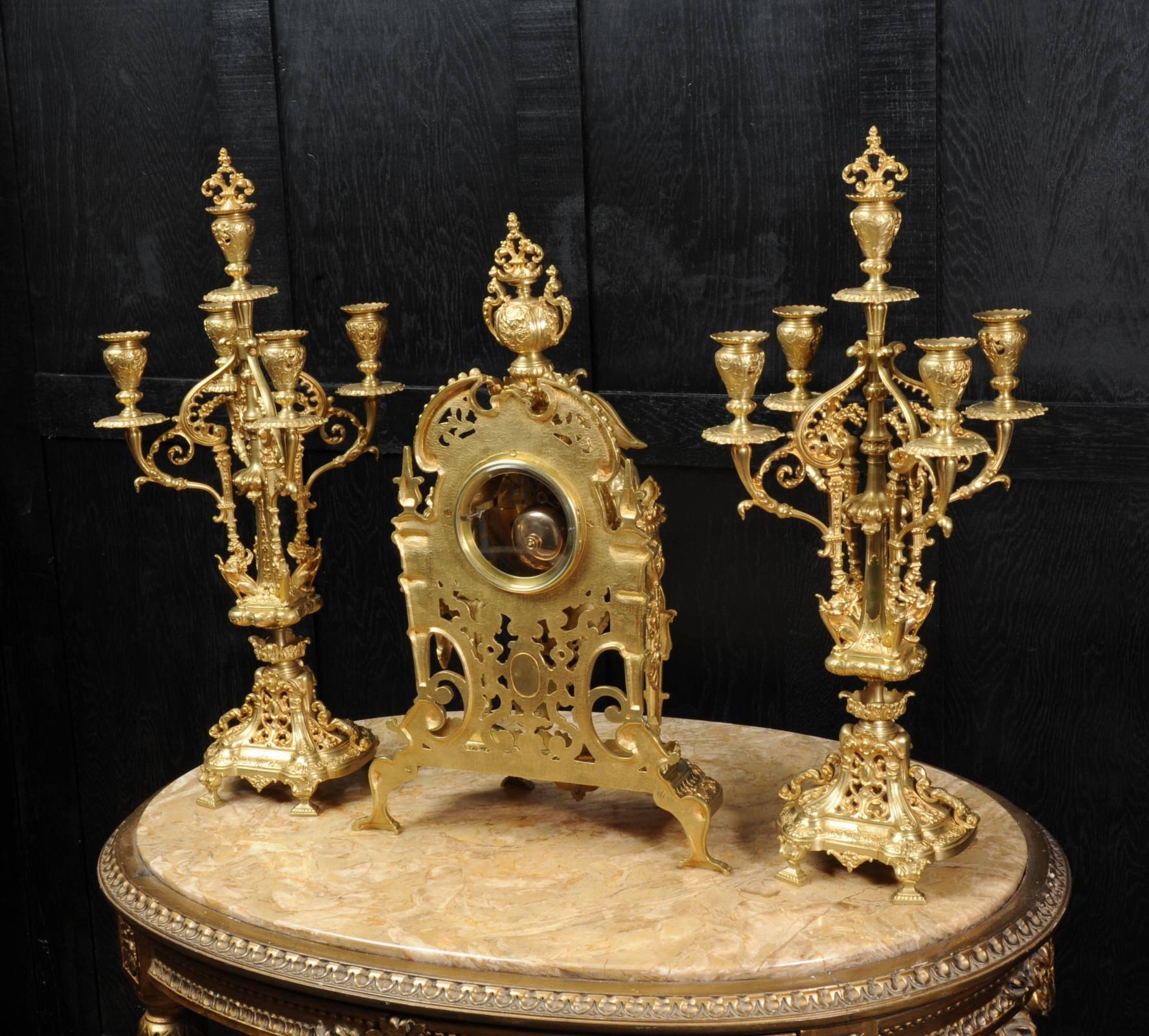 Large and Stunning Gilt Bronze Clock Set with Visible Pendulum 3