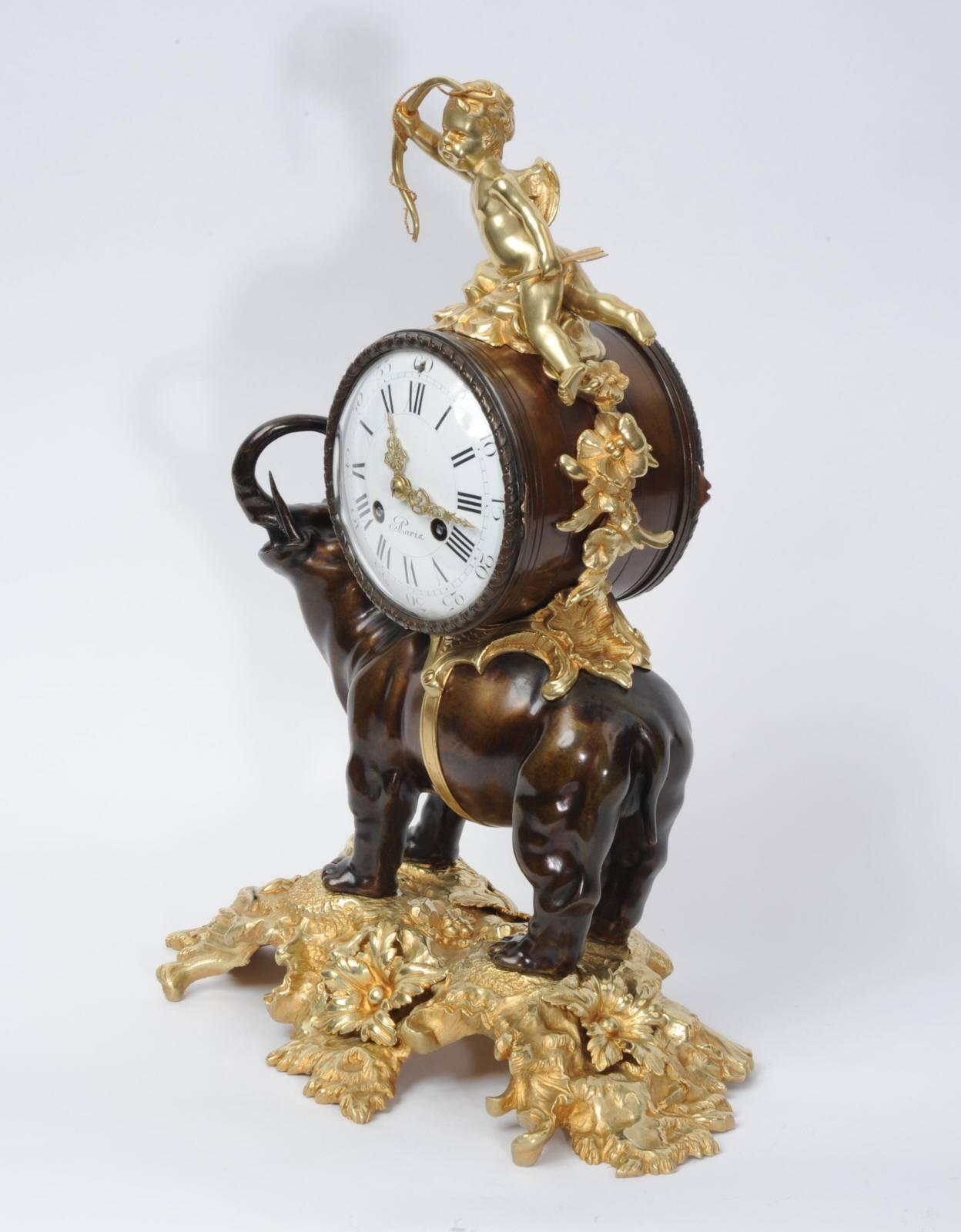 Antique French Bronze and Ormolu Clock, Elephant and Cupid In Excellent Condition In Belper, Derbyshire