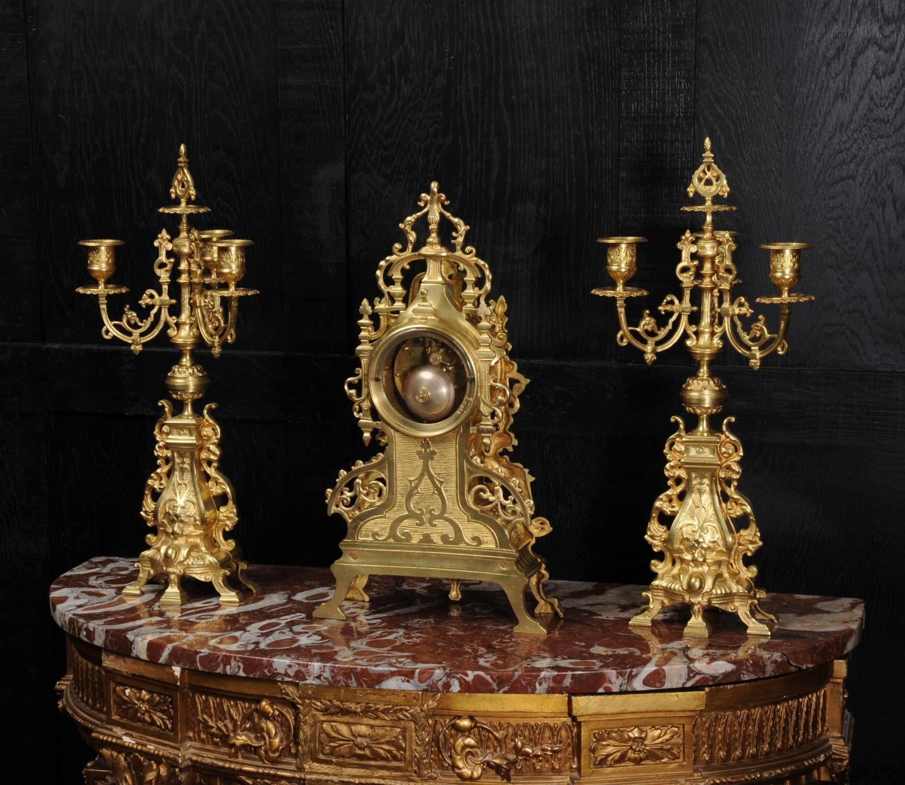 19th Century Antique French Gilt Bronze Gothic Clock Set