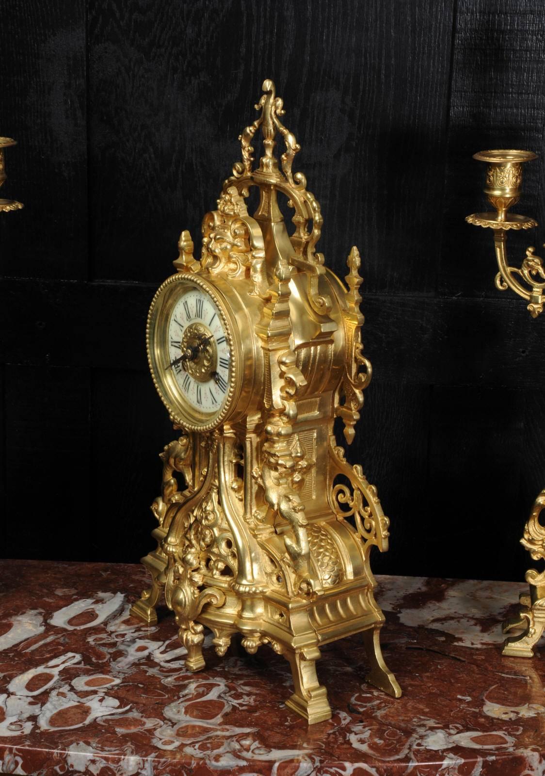 Antique French Gilt Bronze Gothic Clock Set 1