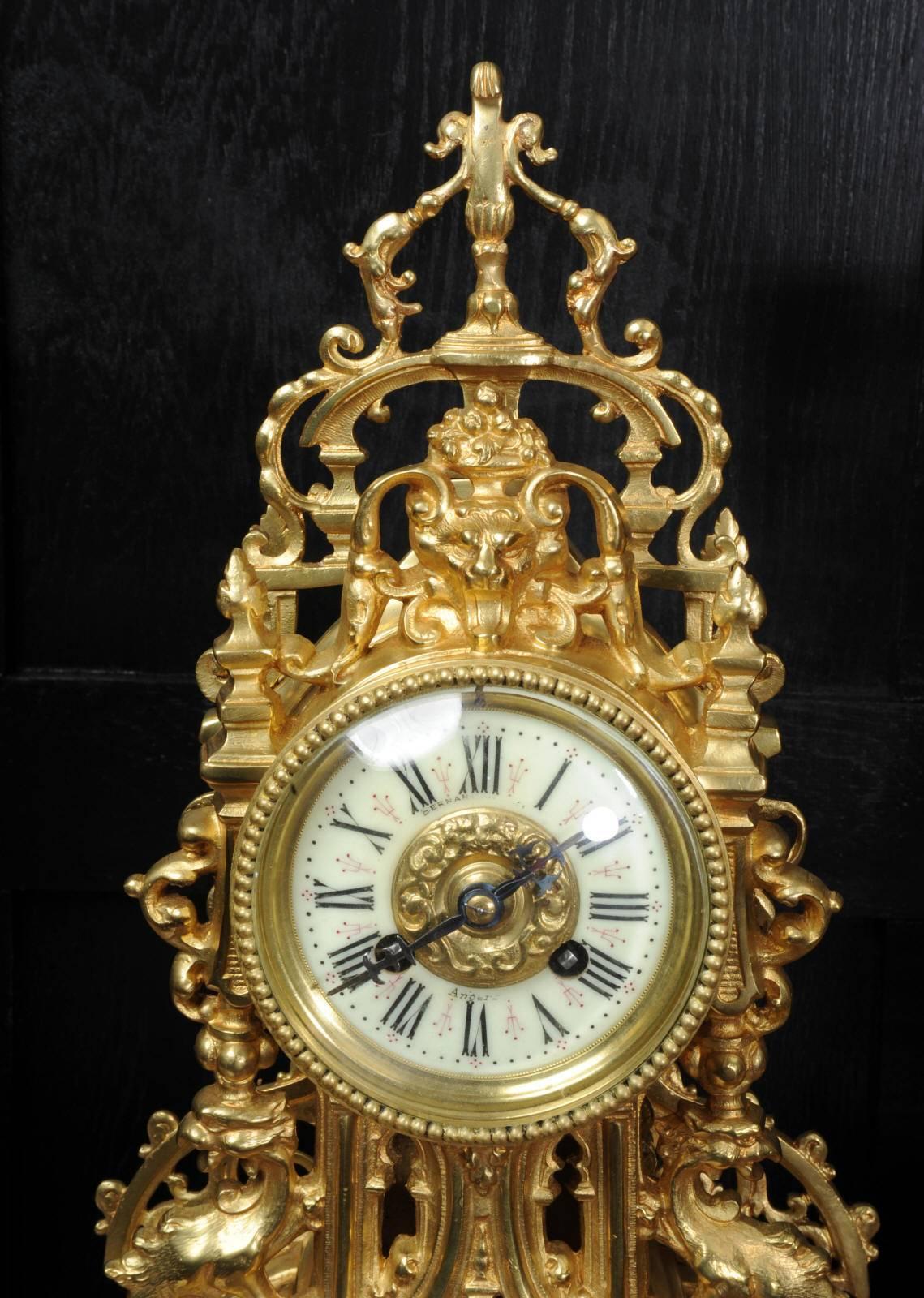 Antique French Gilt Bronze Gothic Clock Set 2