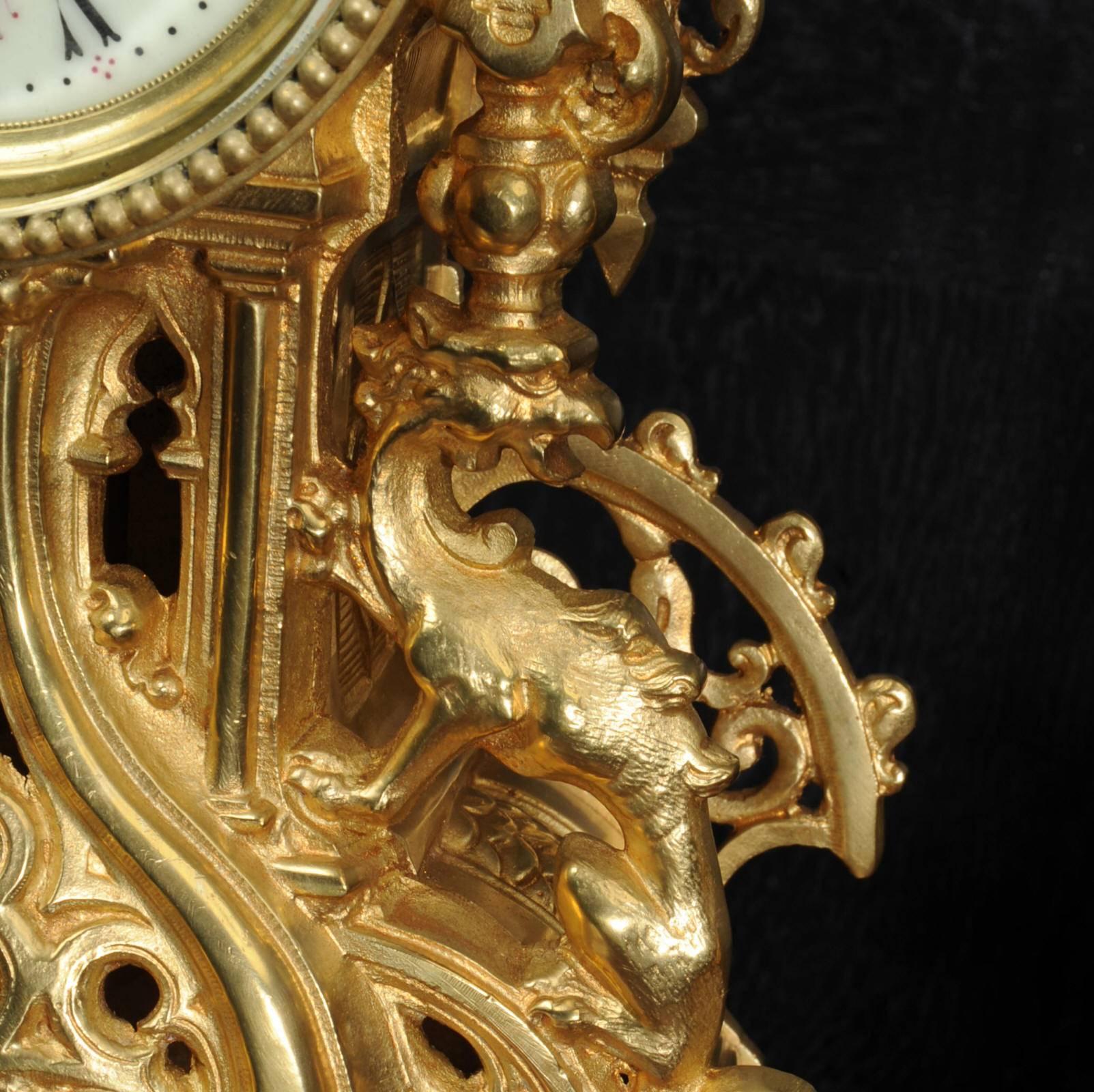Antique French Gilt Bronze Gothic Clock Set 3