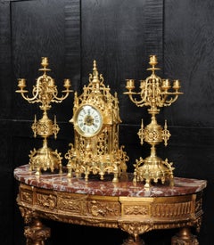 Japy Freres Gilt Bronze Gothic Clock Set