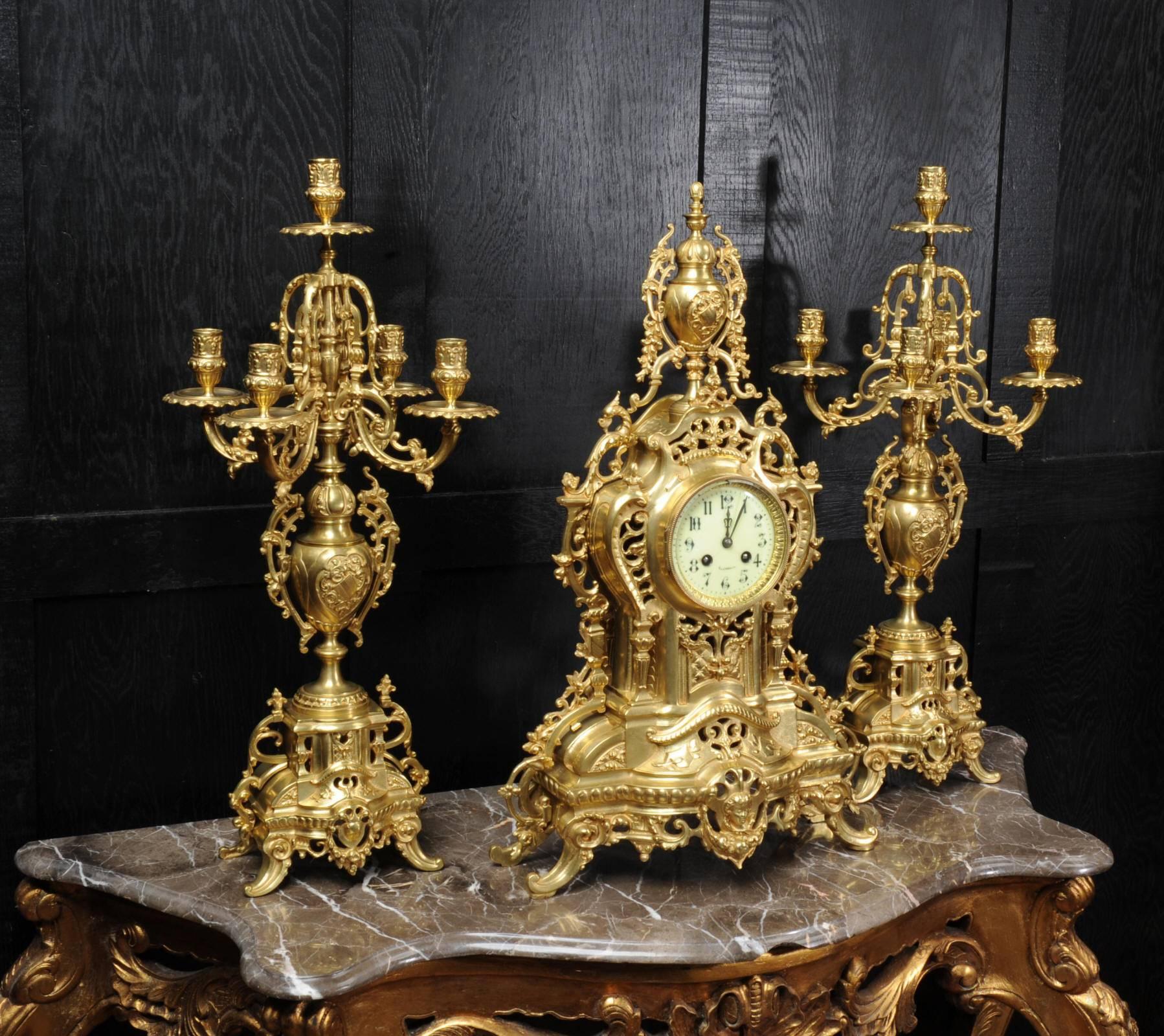 Baroque Large Antique French Gilt Bronze Clock Set by Louis Japy