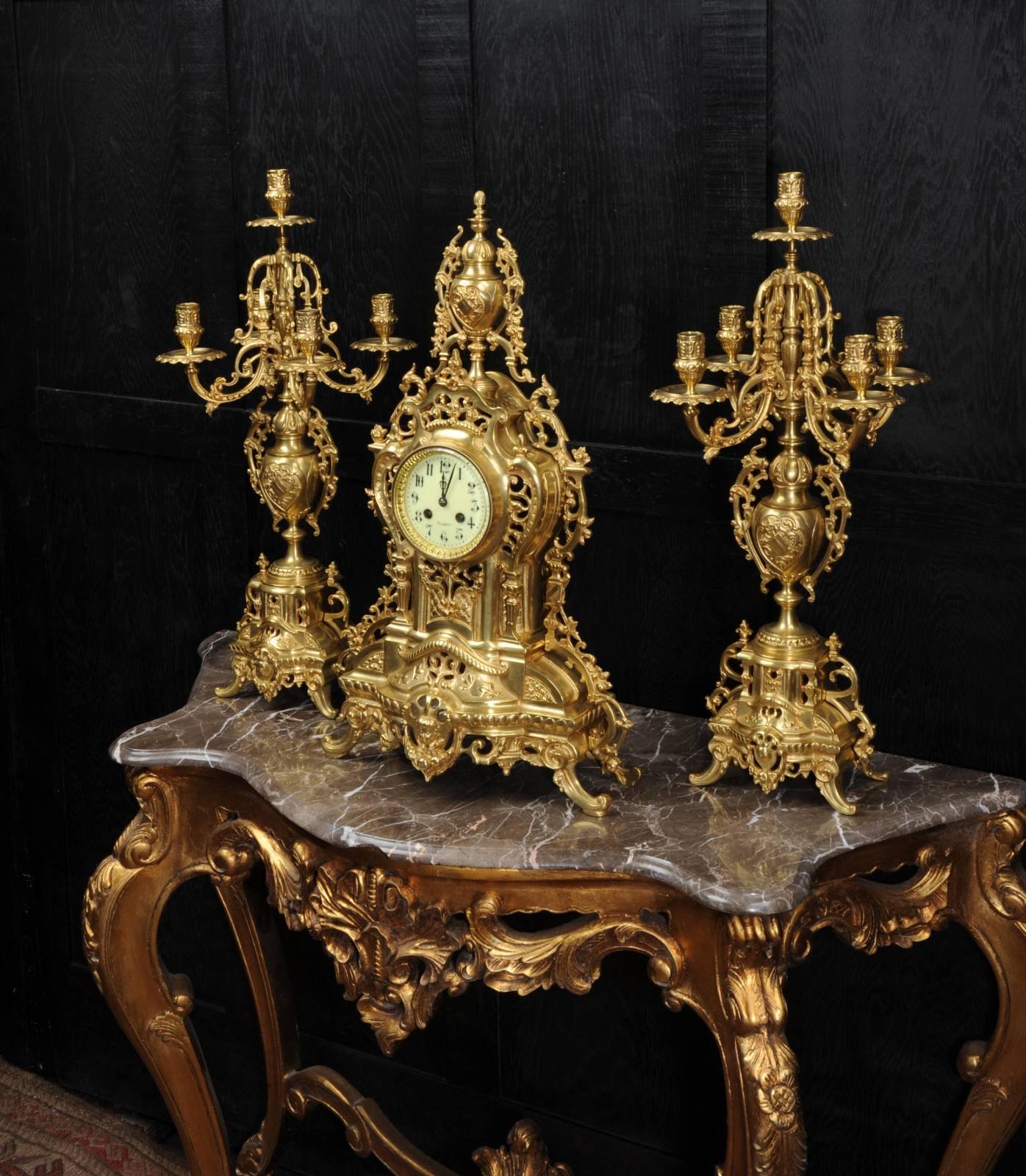 Large Antique French Gilt Bronze Clock Set by Louis Japy In Excellent Condition In Belper, Derbyshire
